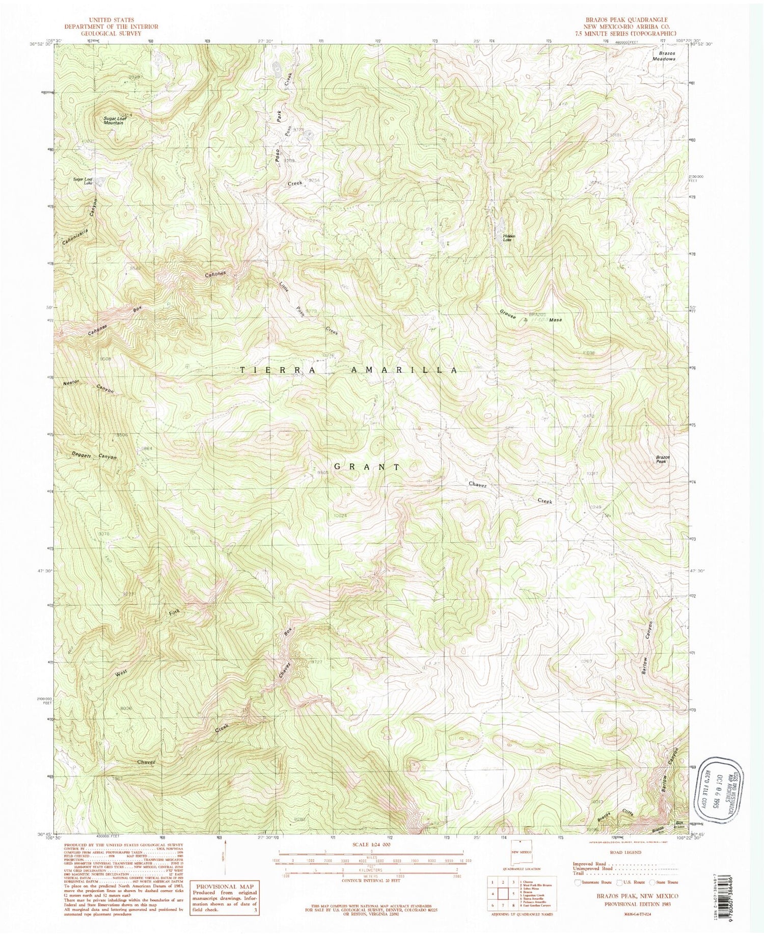 Classic USGS Brazos Peak New Mexico 7.5'x7.5' Topo Map Image