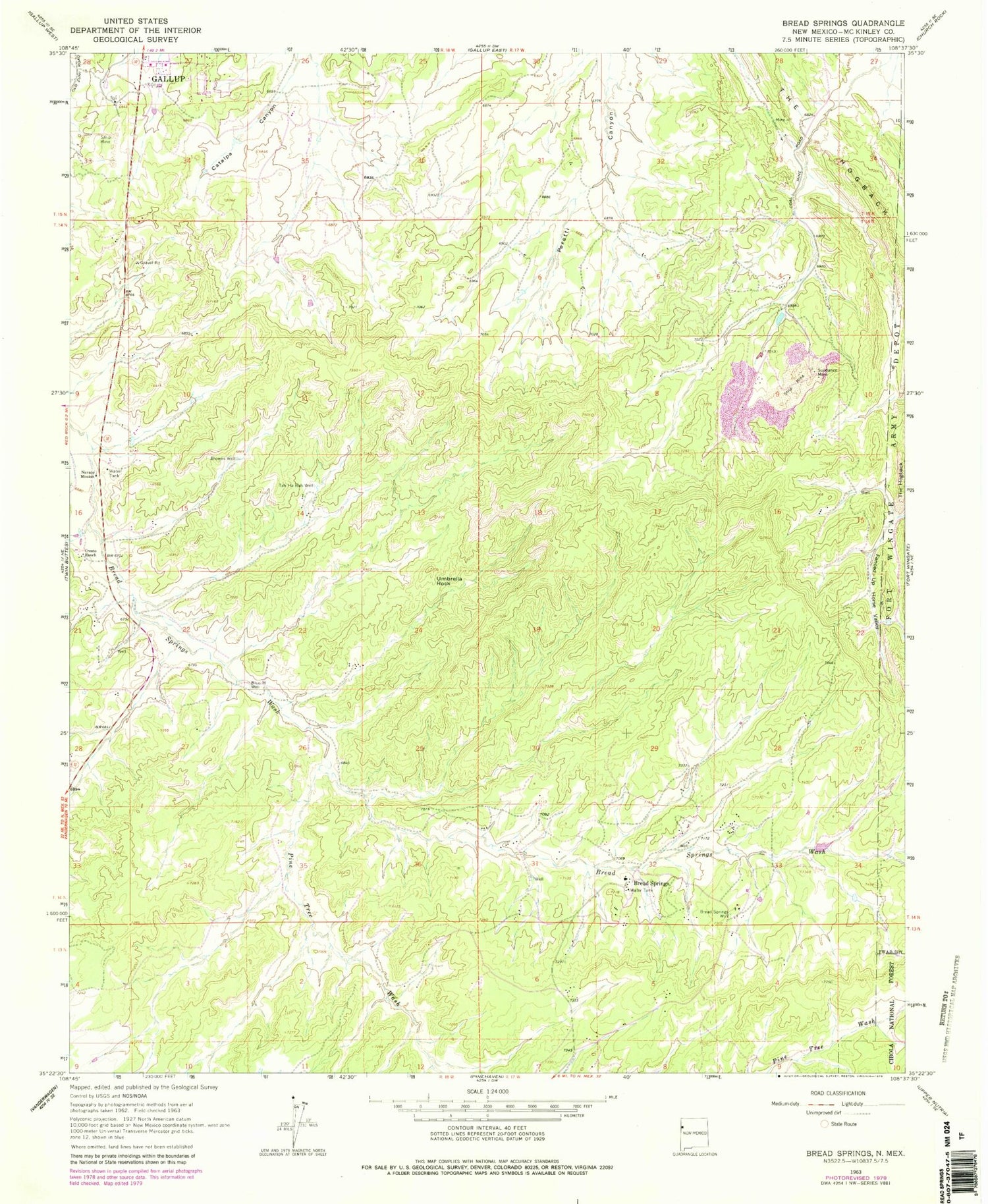 Classic USGS Bread Springs New Mexico 7.5'x7.5' Topo Map Image