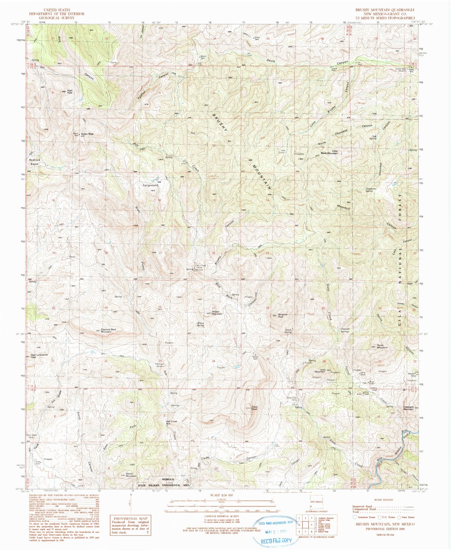 Classic USGS Brushy Mountain New Mexico 7.5'x7.5' Topo Map Image