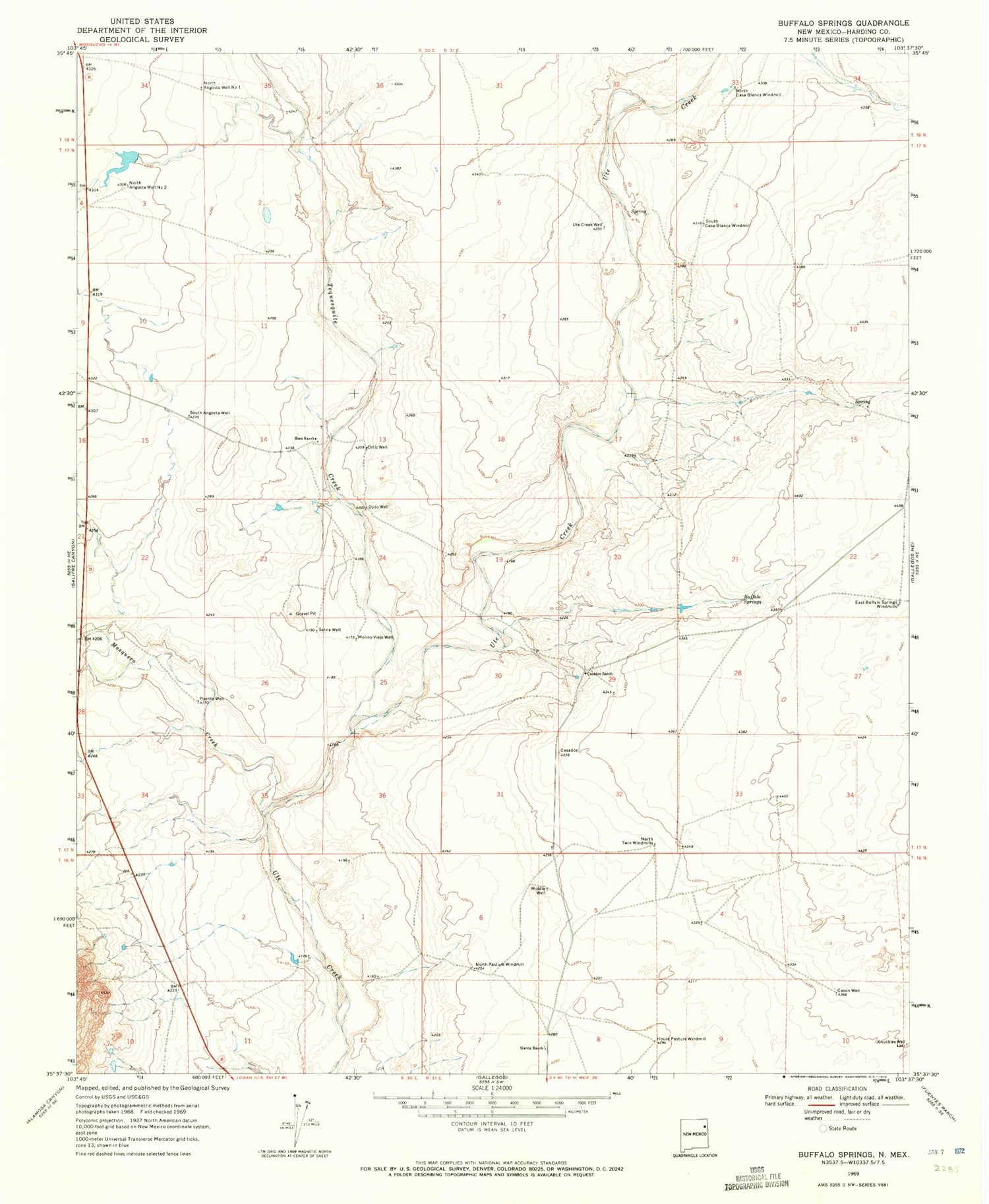 Classic USGS Buffalo Springs New Mexico 7.5'x7.5' Topo Map Image