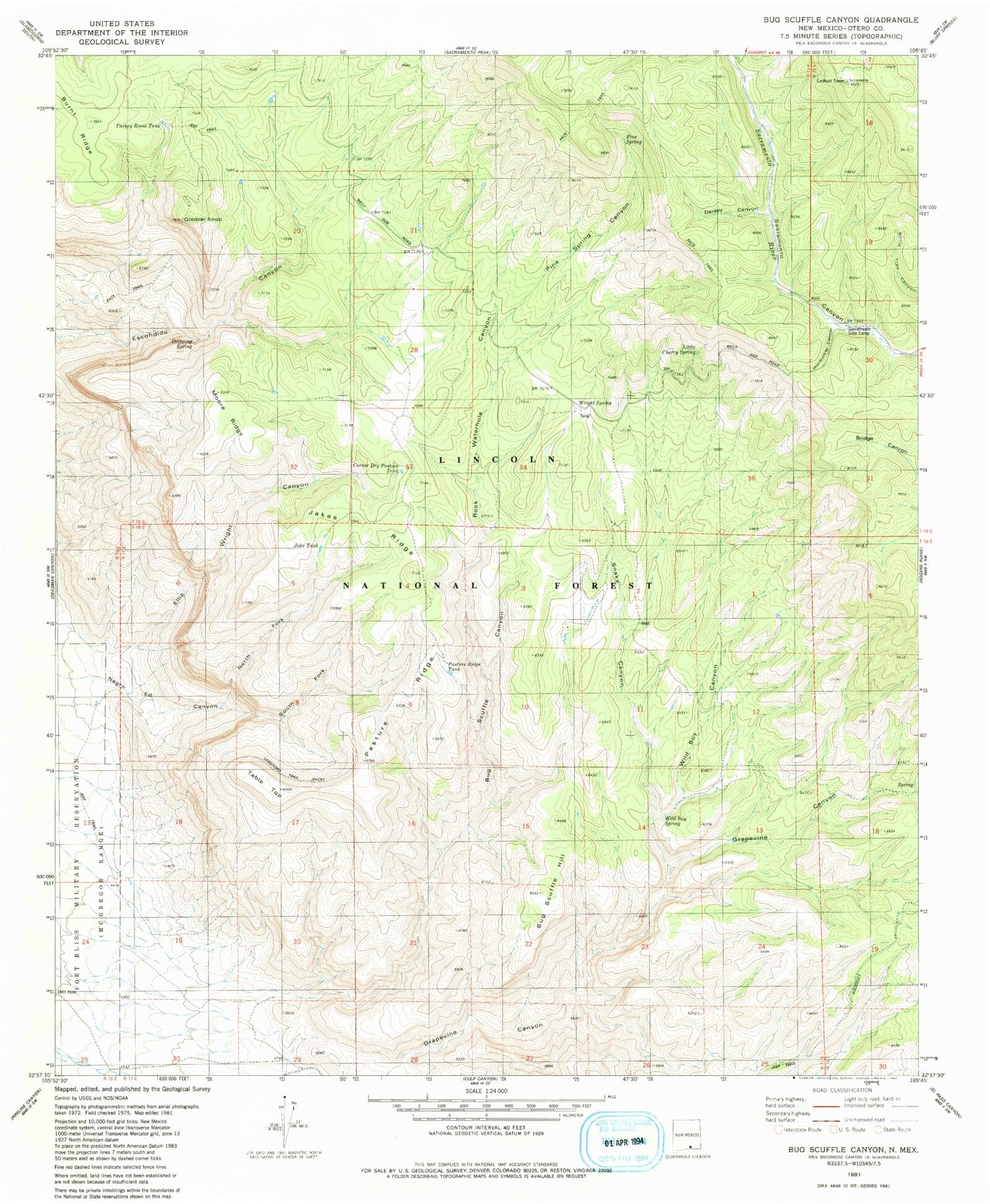 Classic USGS Bug Scuffle Canyon New Mexico 7.5'x7.5' Topo Map Image