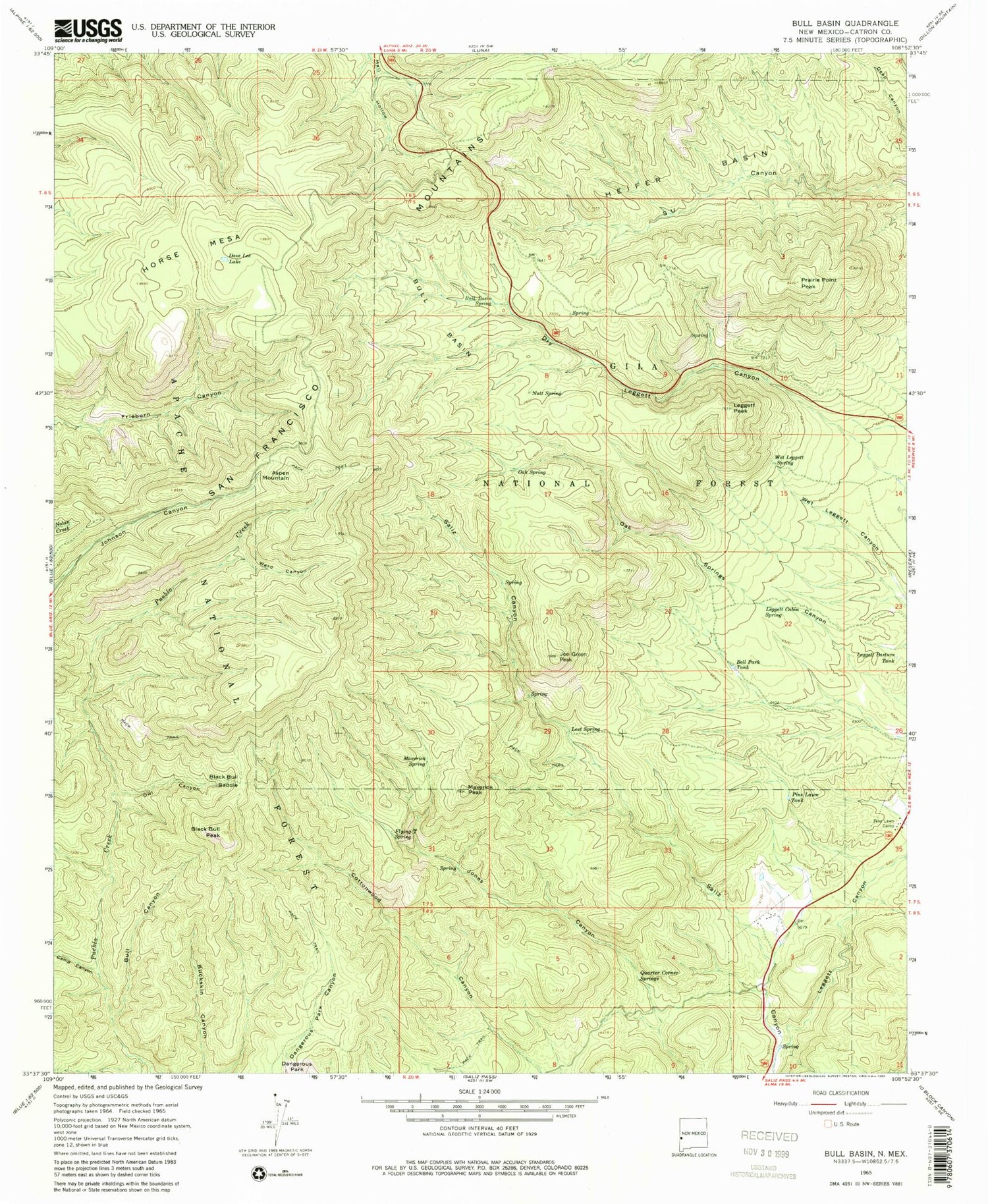 Classic USGS Bull Basin New Mexico 7.5'x7.5' Topo Map Image