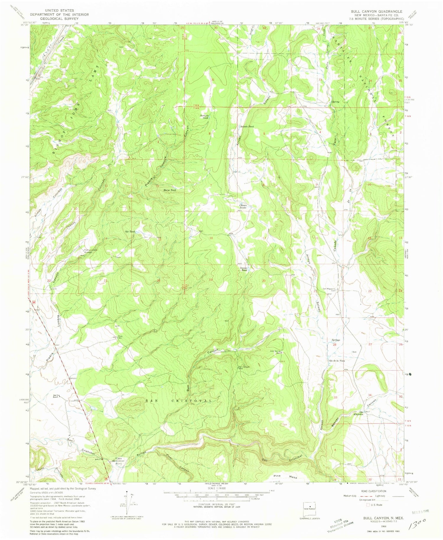 Classic USGS Bull Canyon New Mexico 7.5'x7.5' Topo Map Image