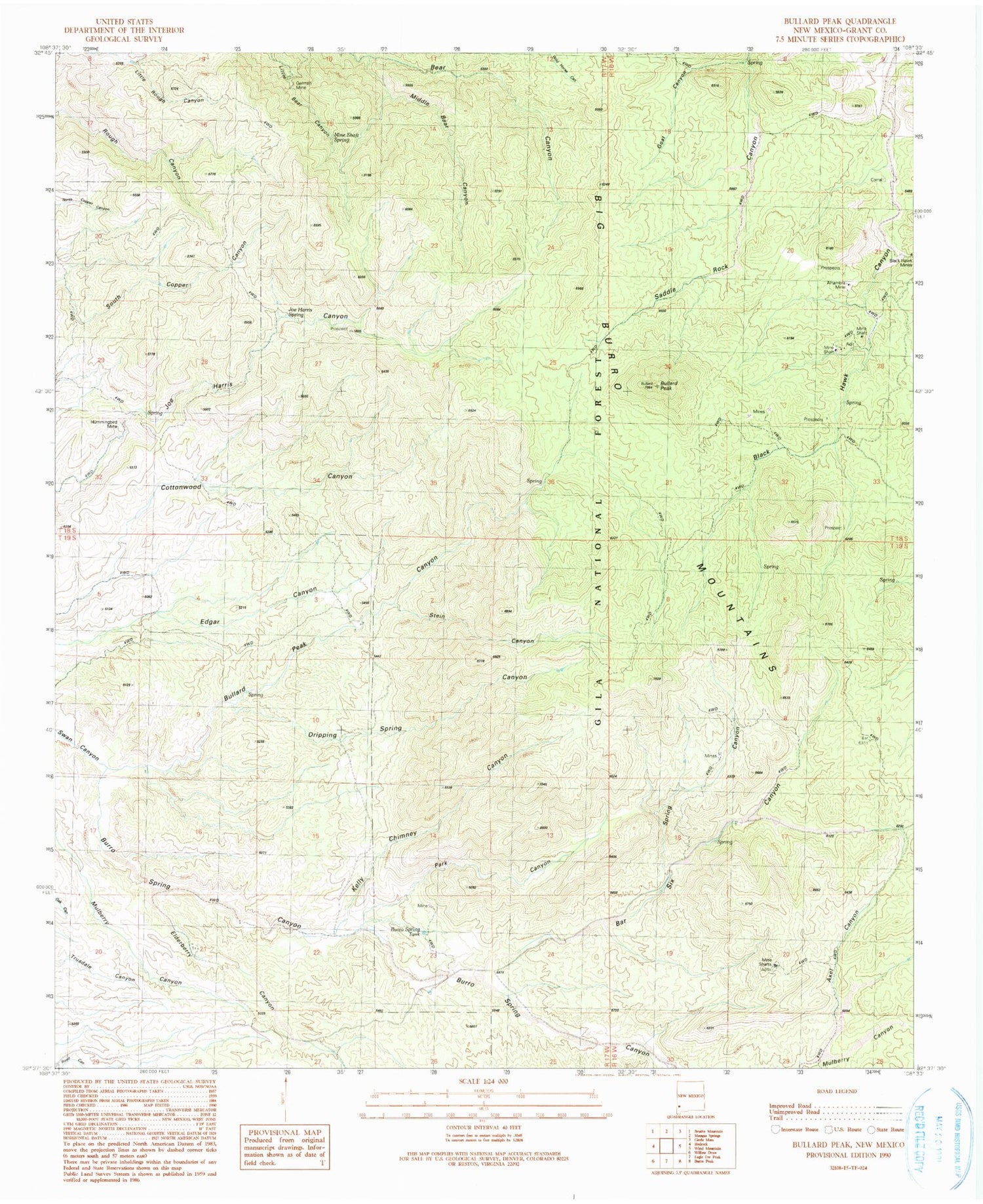 Classic USGS Bullard Peak New Mexico 7.5'x7.5' Topo Map Image