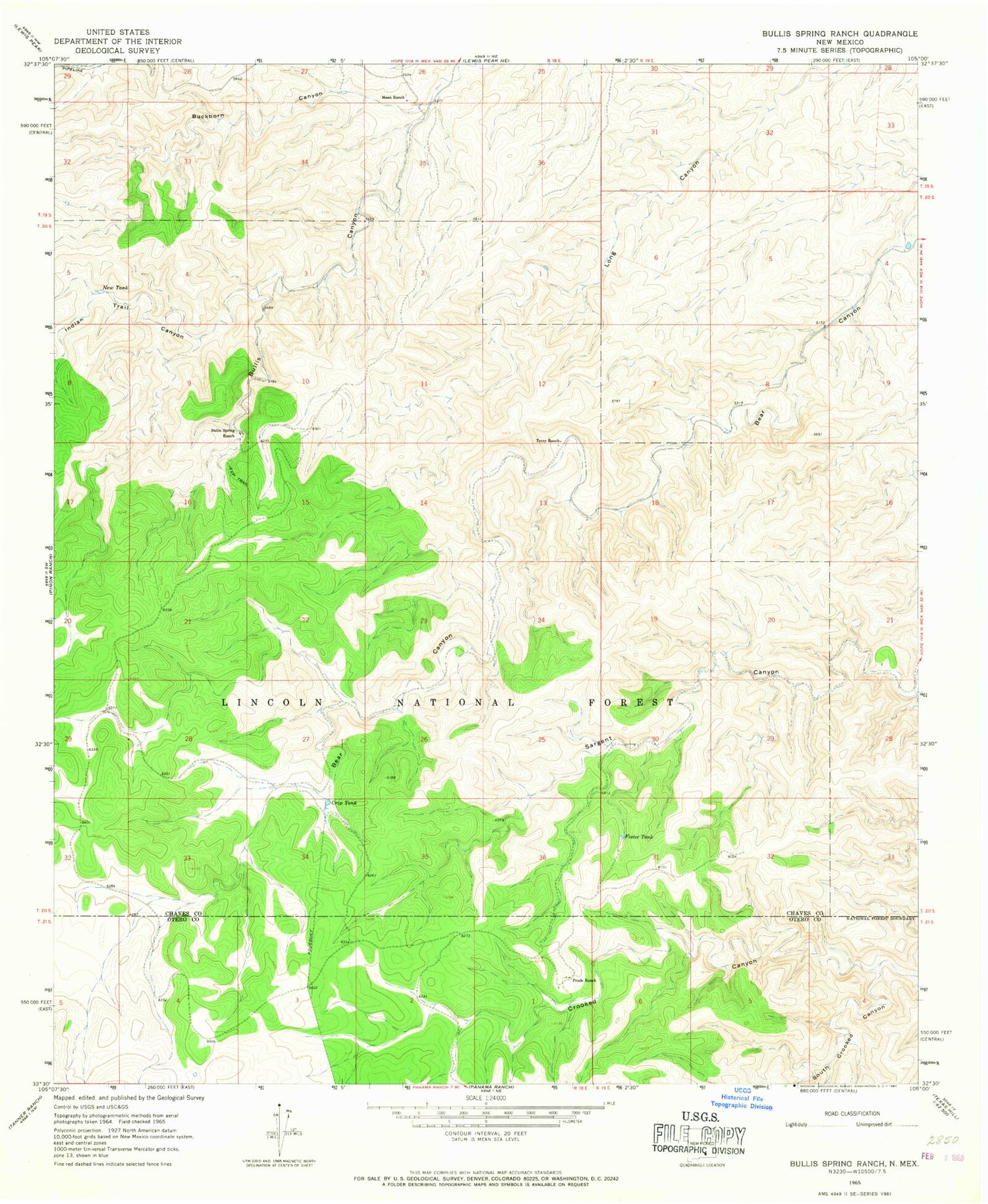 Classic USGS Bullis Spring Ranch New Mexico 7.5'x7.5' Topo Map Image