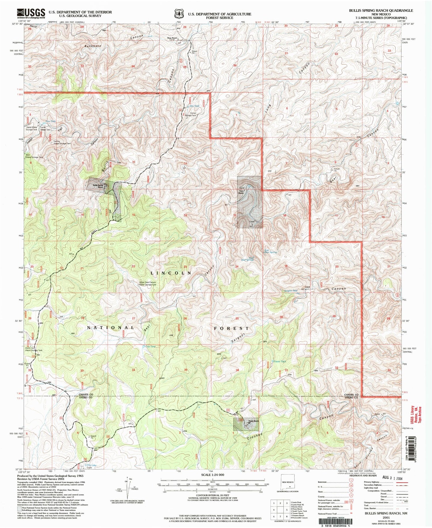 Classic USGS Bullis Spring Ranch New Mexico 7.5'x7.5' Topo Map Image
