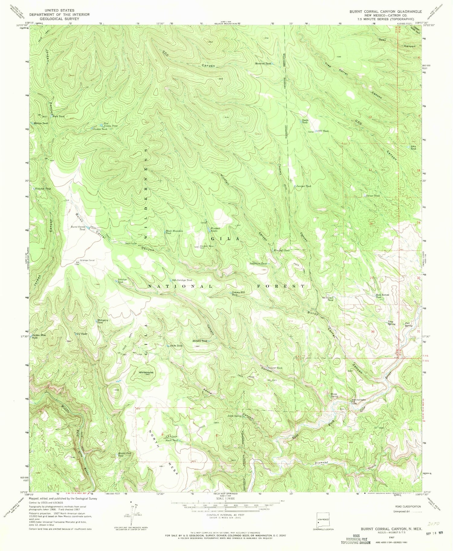 Classic USGS Burnt Corral Canyon New Mexico 7.5'x7.5' Topo Map Image