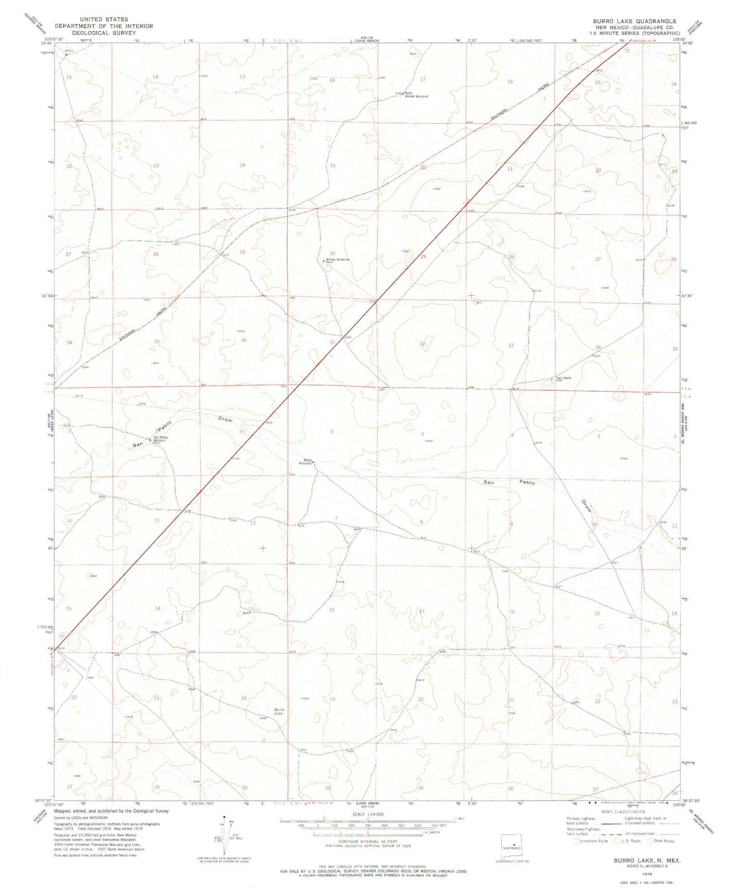 Classic USGS Burro Lake New Mexico 7.5'x7.5' Topo Map Image