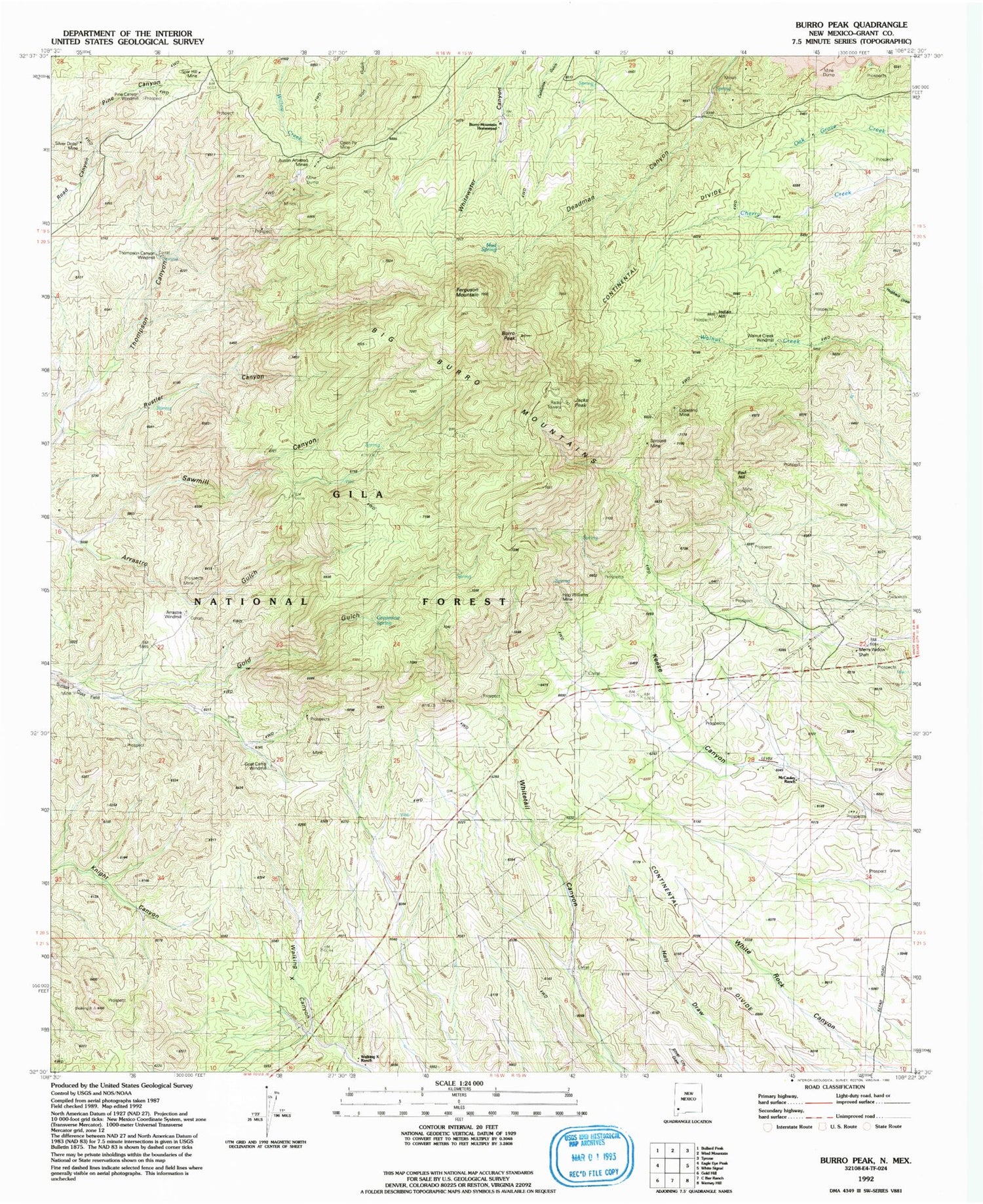 Classic USGS Burro Peak New Mexico 7.5'x7.5' Topo Map Image