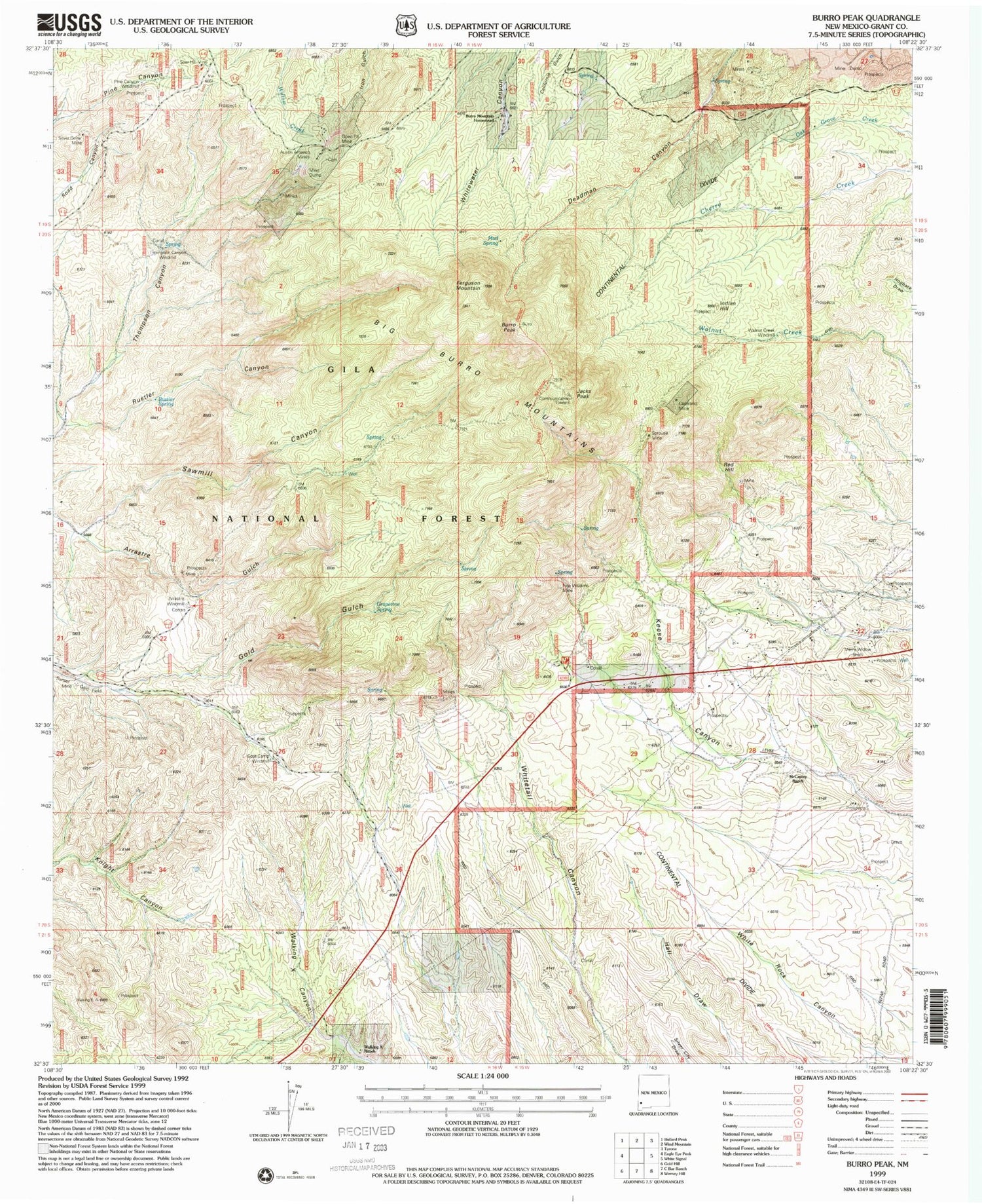 Classic USGS Burro Peak New Mexico 7.5'x7.5' Topo Map Image