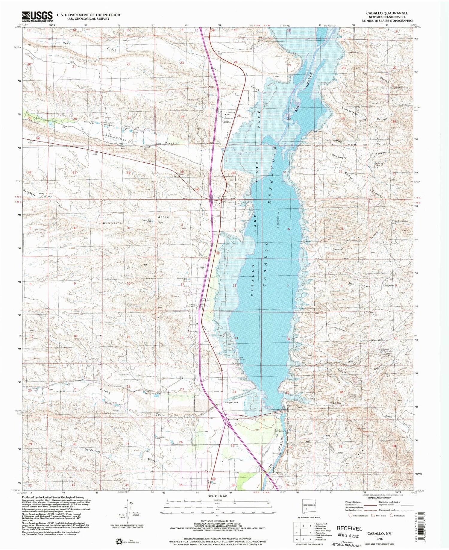 Classic USGS Caballo New Mexico 7.5'x7.5' Topo Map Image