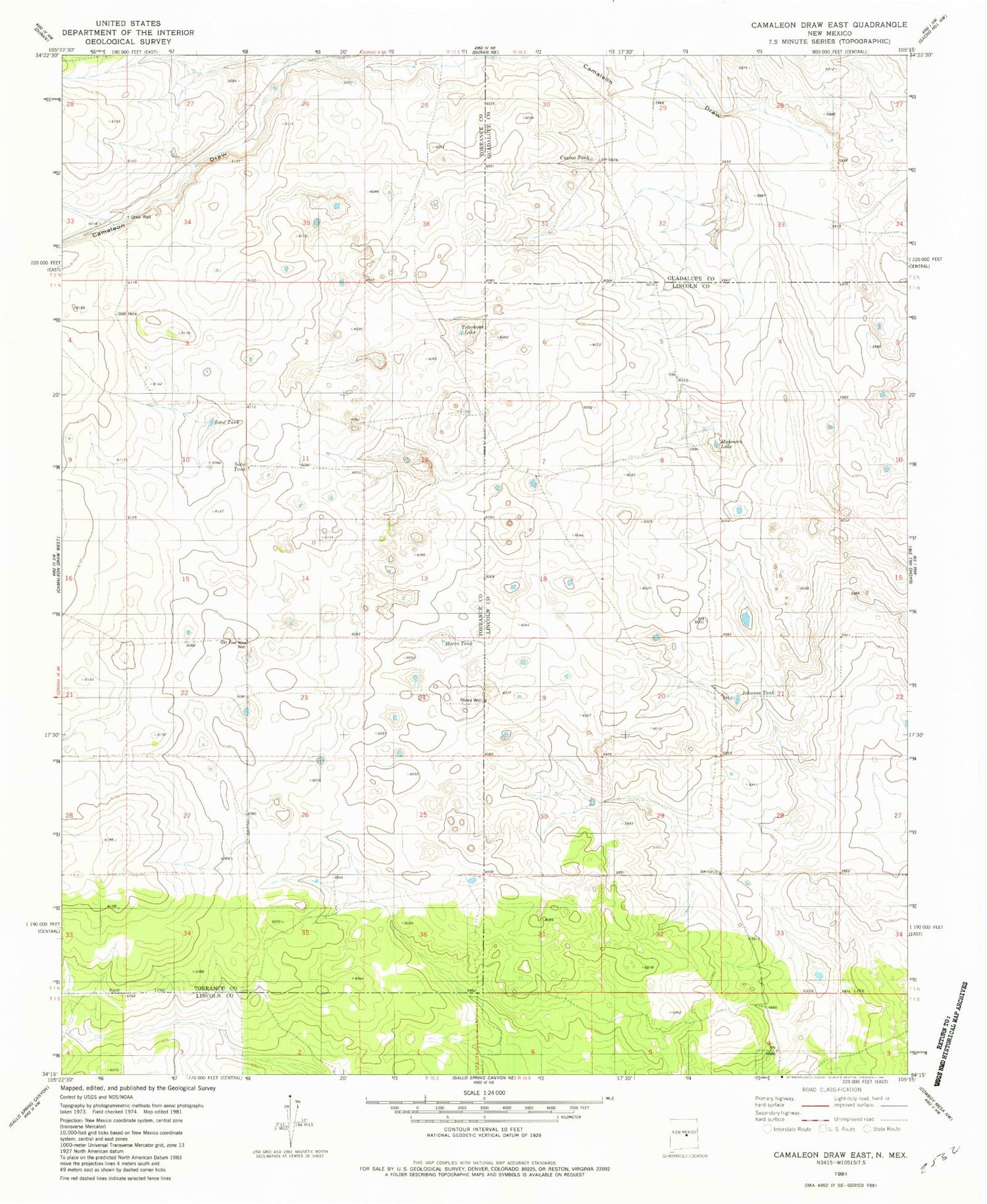 Classic USGS Camaleon Draw East New Mexico 7.5'x7.5' Topo Map Image