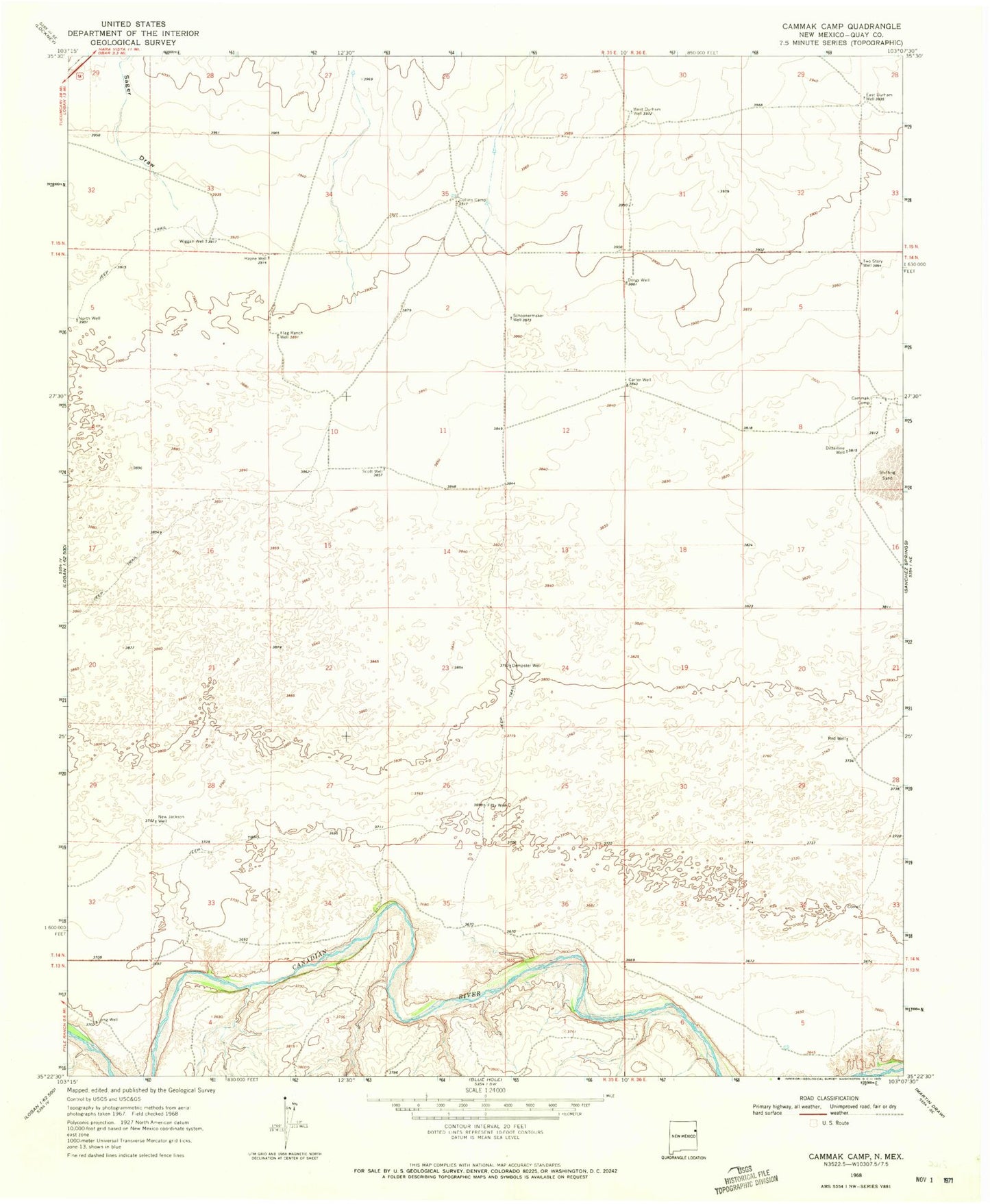 Classic USGS Cammak Camp New Mexico 7.5'x7.5' Topo Map Image