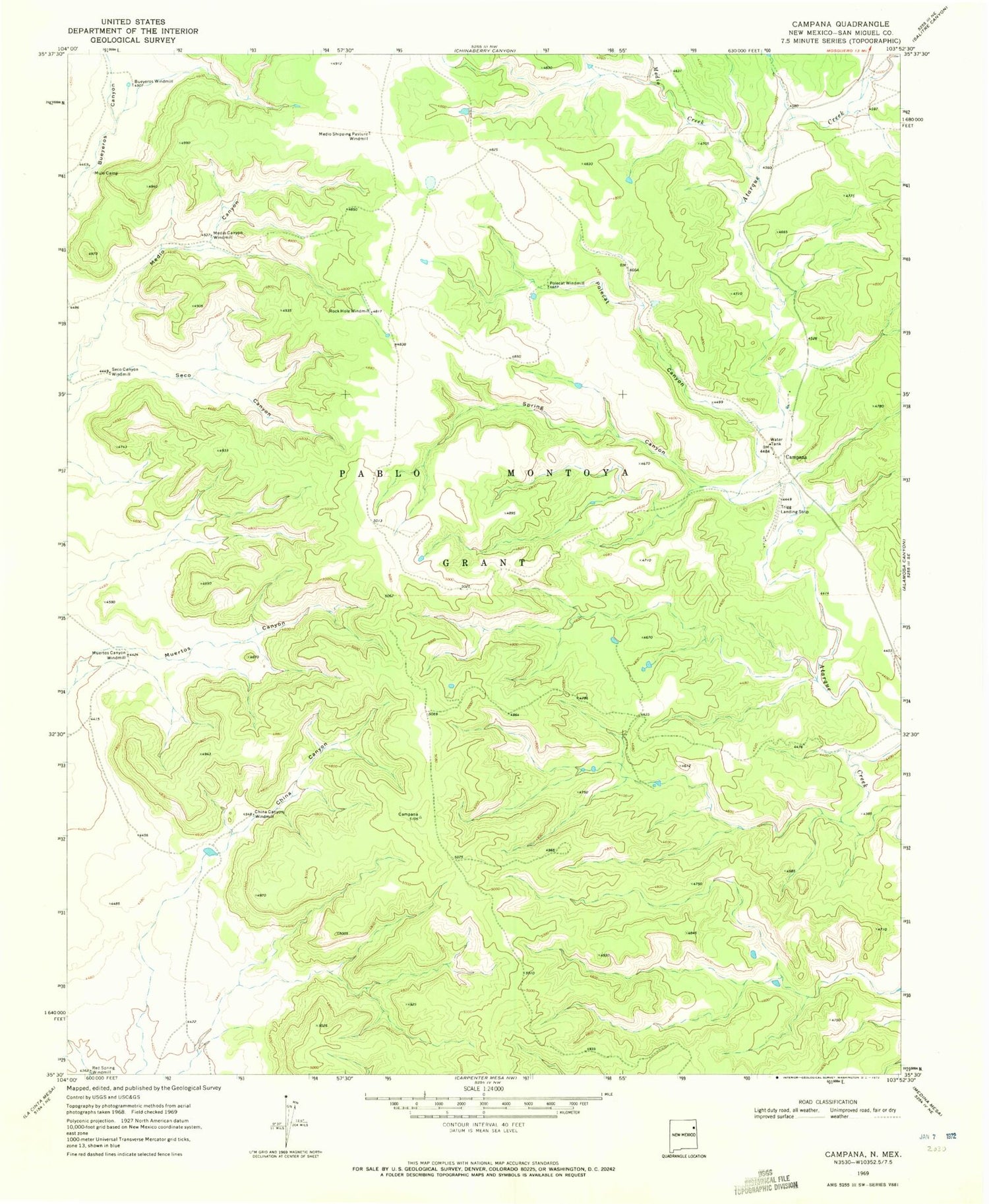 Classic USGS Campana New Mexico 7.5'x7.5' Topo Map Image