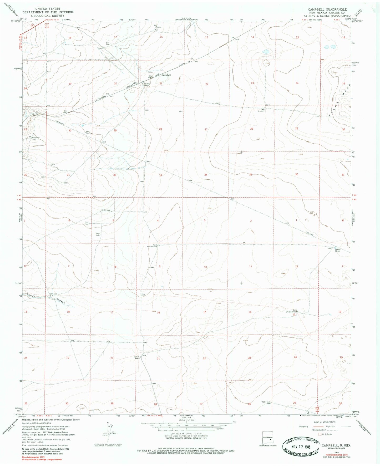 Classic USGS Campbell New Mexico 7.5'x7.5' Topo Map Image