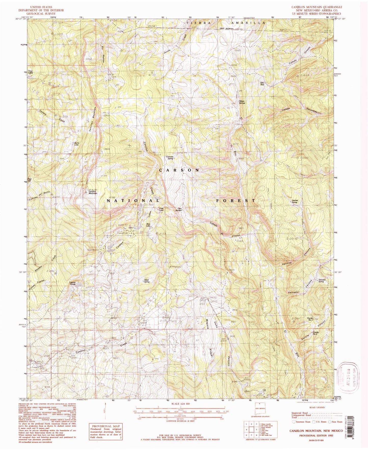 Classic USGS Canjilon Mountain New Mexico 7.5'x7.5' Topo Map Image