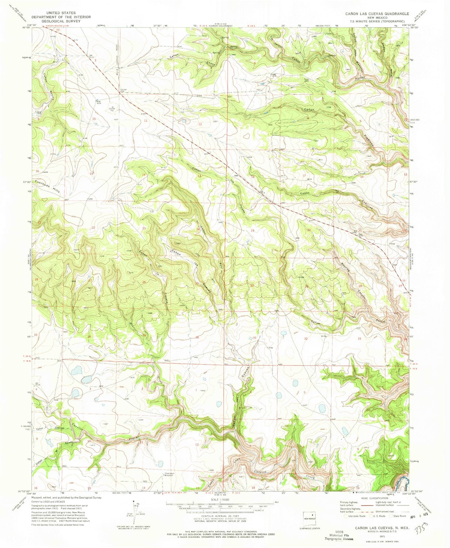 Classic USGS Canon Las Cuevas New Mexico 7.5'x7.5' Topo Map Image