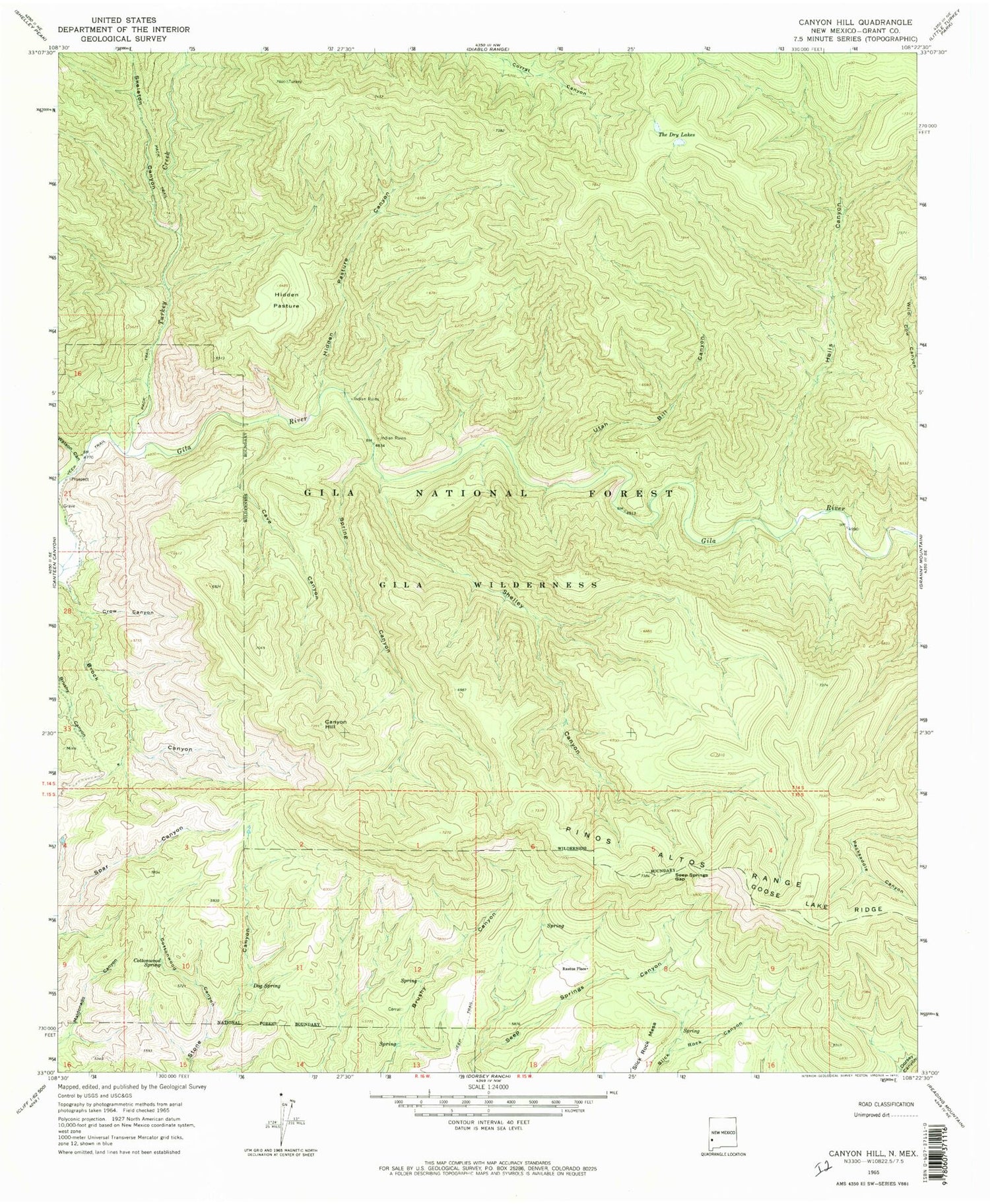 Classic USGS Canyon Hill New Mexico 7.5'x7.5' Topo Map Image
