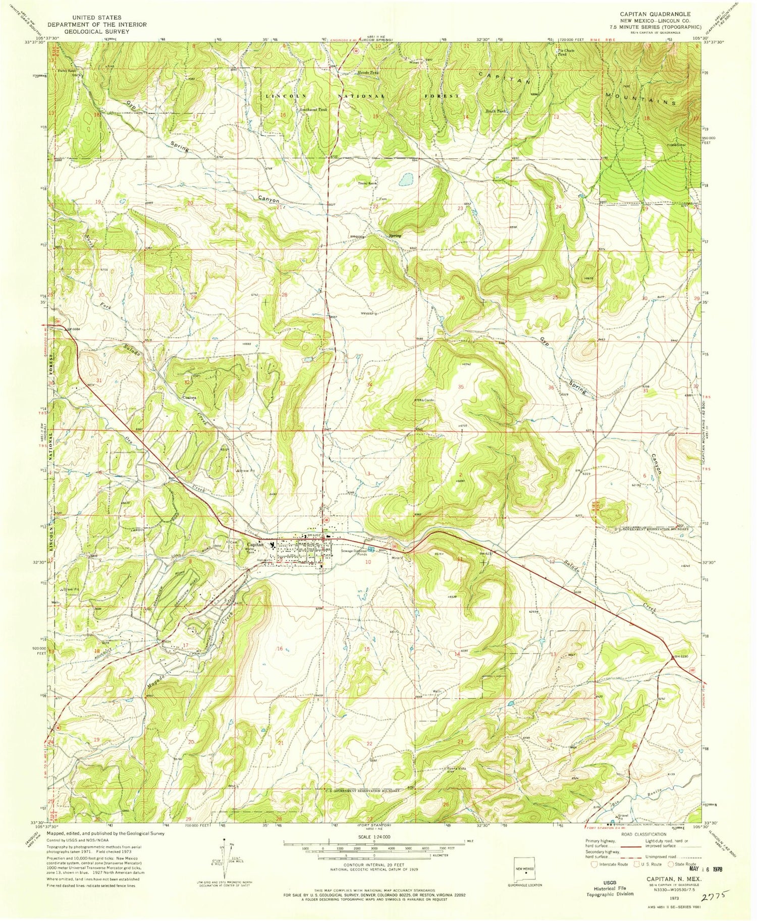 Classic USGS Capitan New Mexico 7.5'x7.5' Topo Map Image