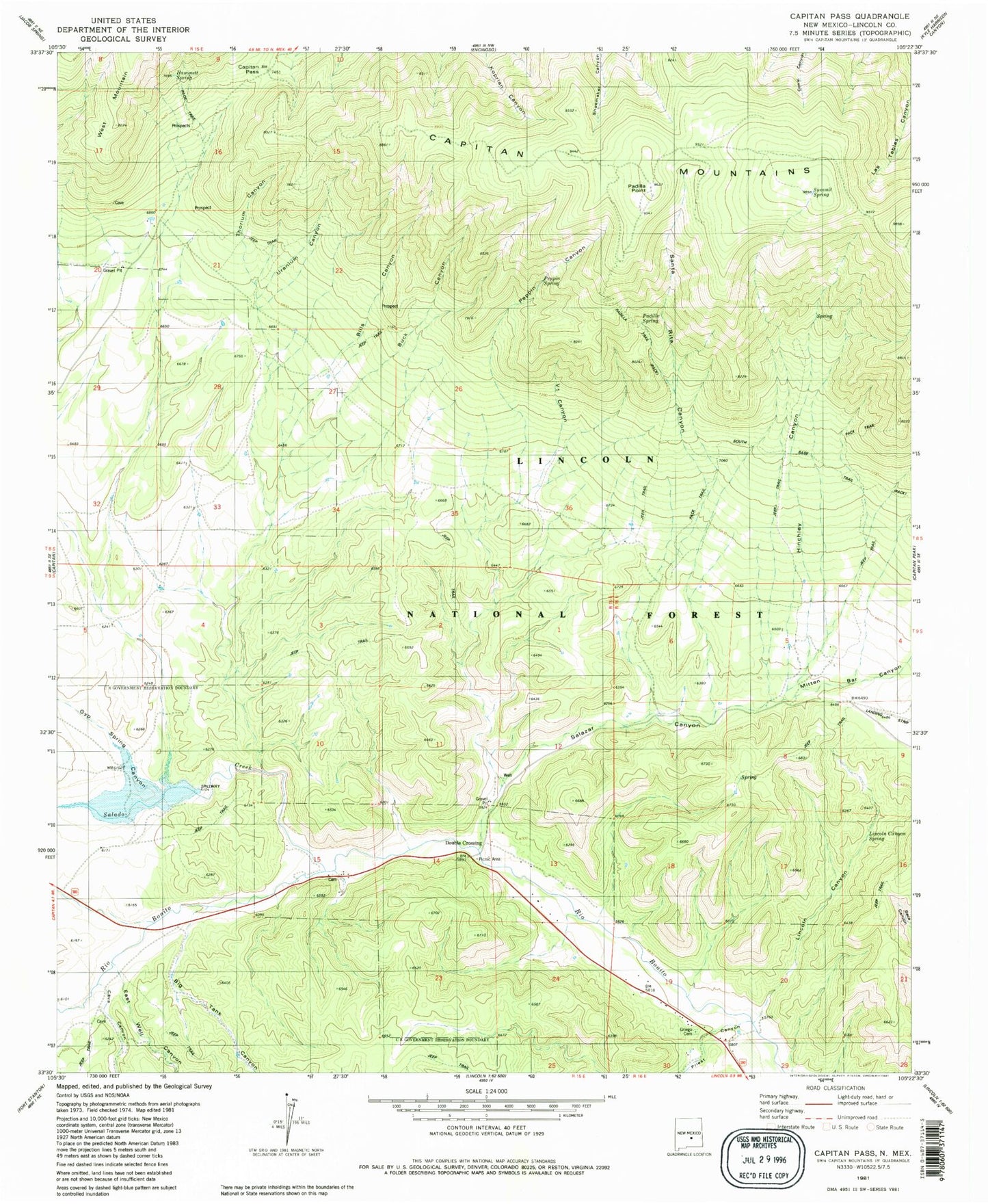 Classic USGS Capitan Pass New Mexico 7.5'x7.5' Topo Map Image
