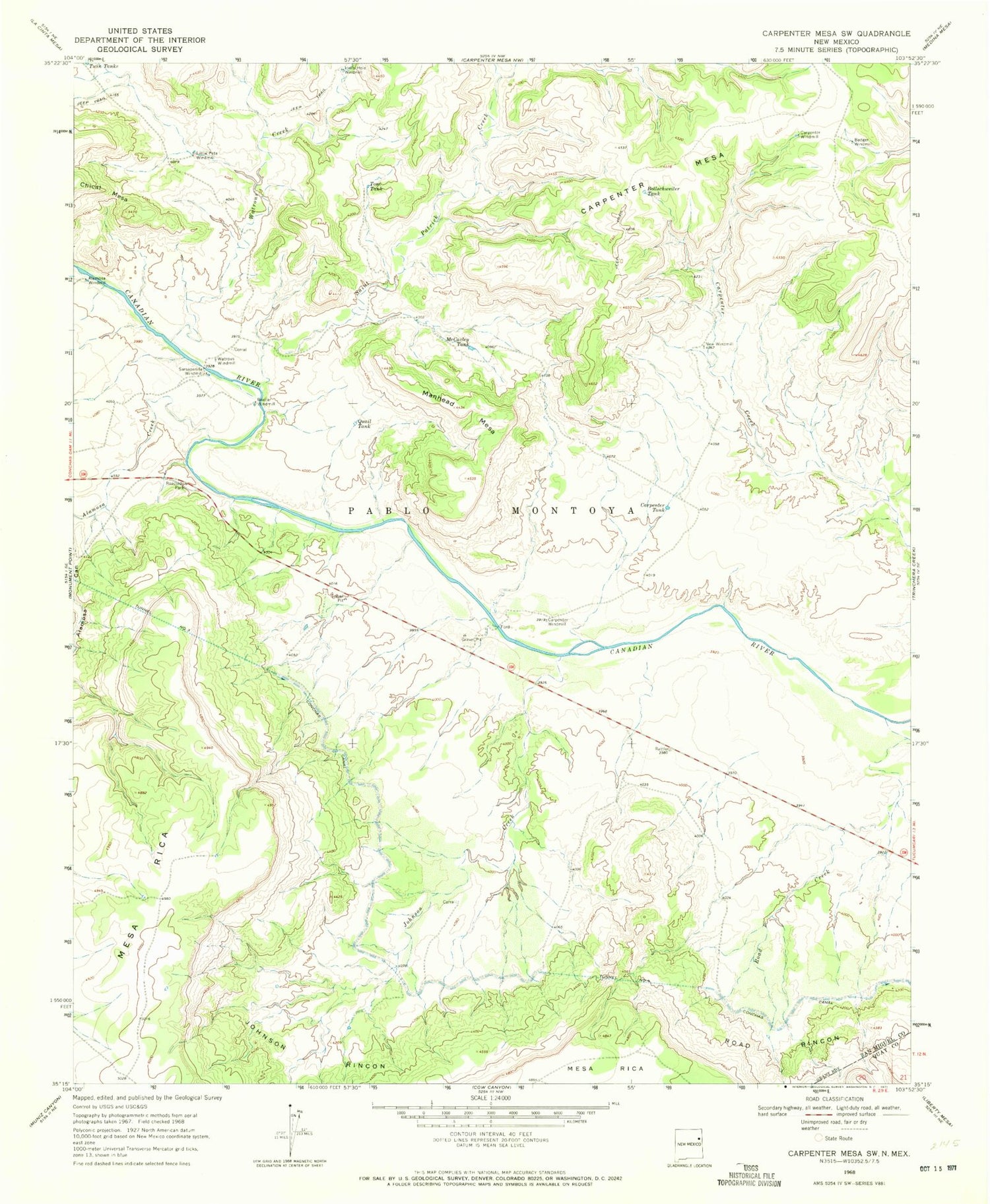 Classic USGS Carpenter Mesa SW New Mexico 7.5'x7.5' Topo Map Image