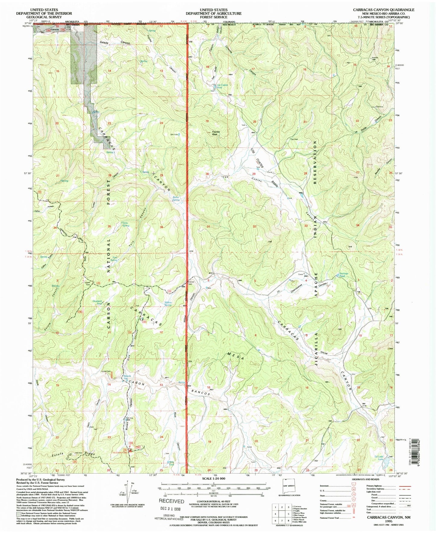 Classic USGS Carracas Canyon New Mexico 7.5'x7.5' Topo Map Image