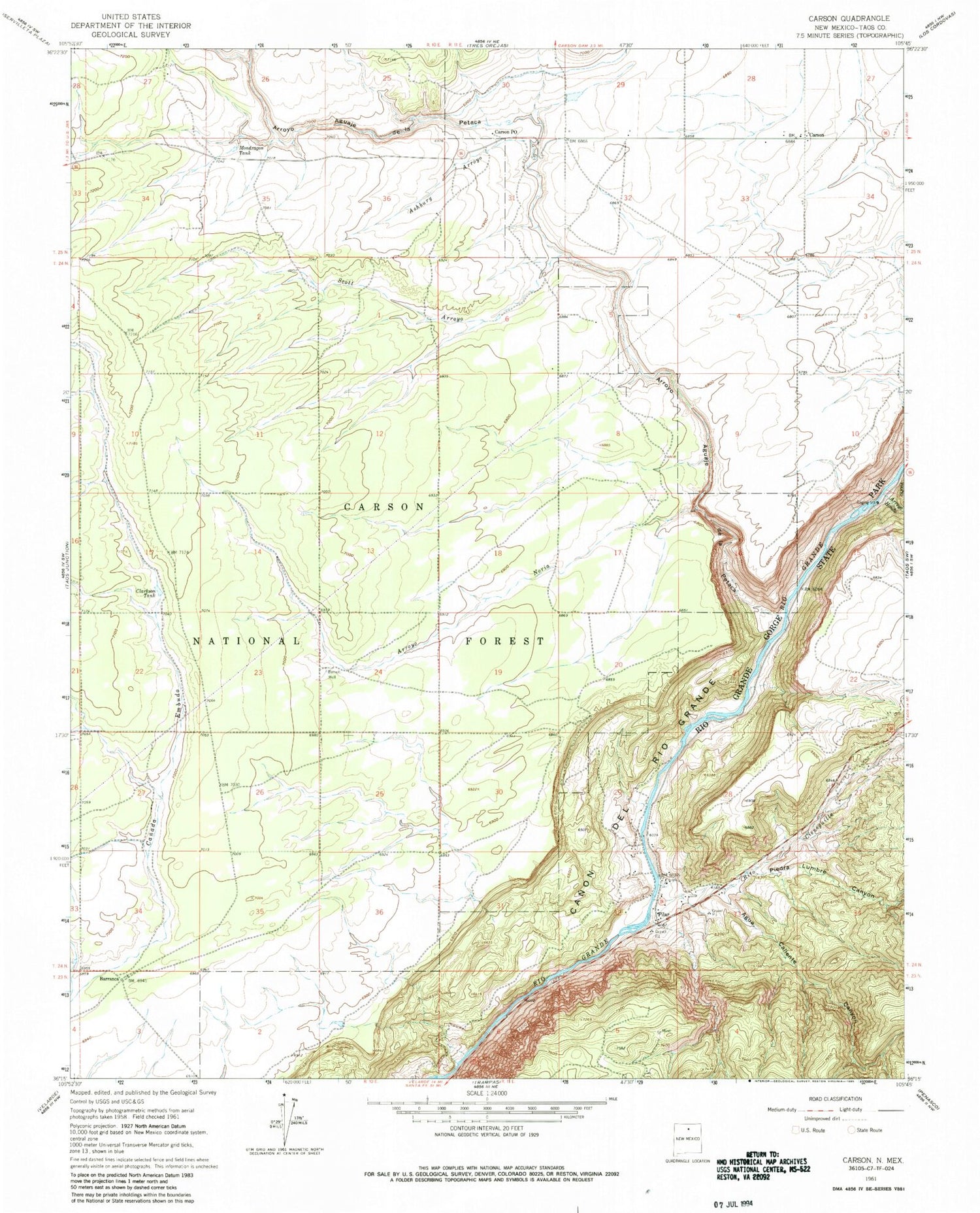 Classic USGS Carson New Mexico 7.5'x7.5' Topo Map Image