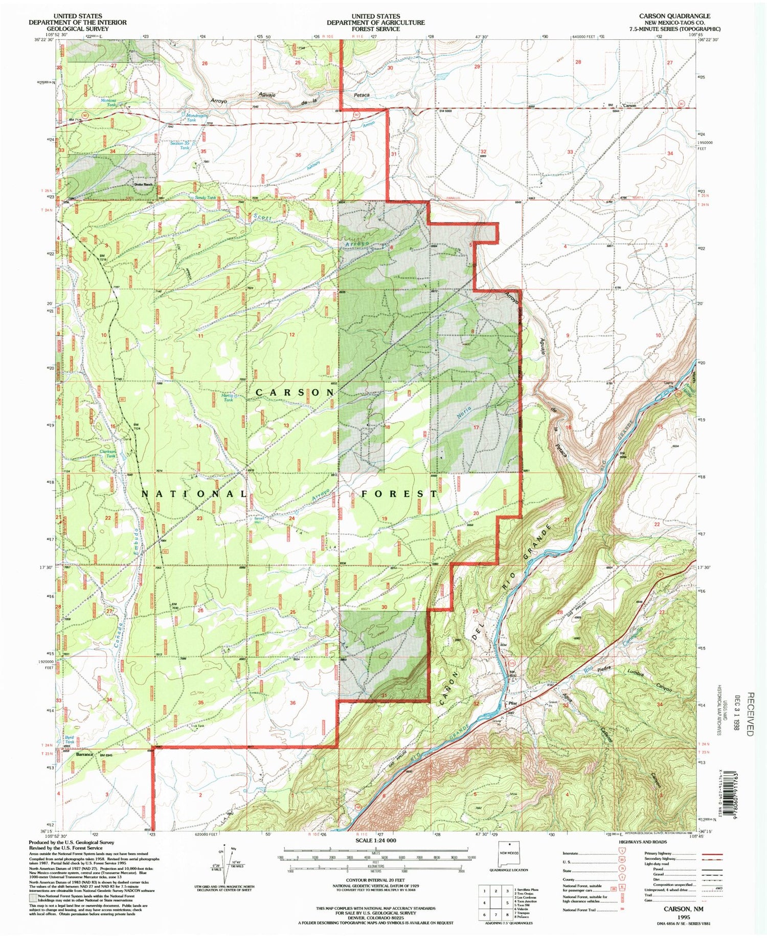 Classic USGS Carson New Mexico 7.5'x7.5' Topo Map Image