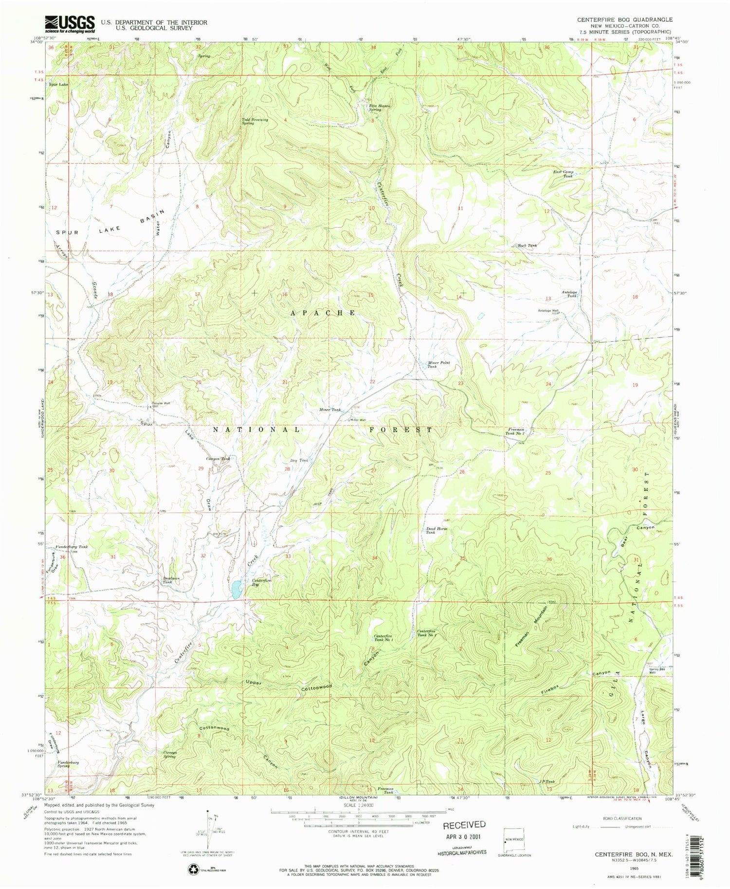 Classic USGS Centerfire Bog New Mexico 7.5'x7.5' Topo Map Image