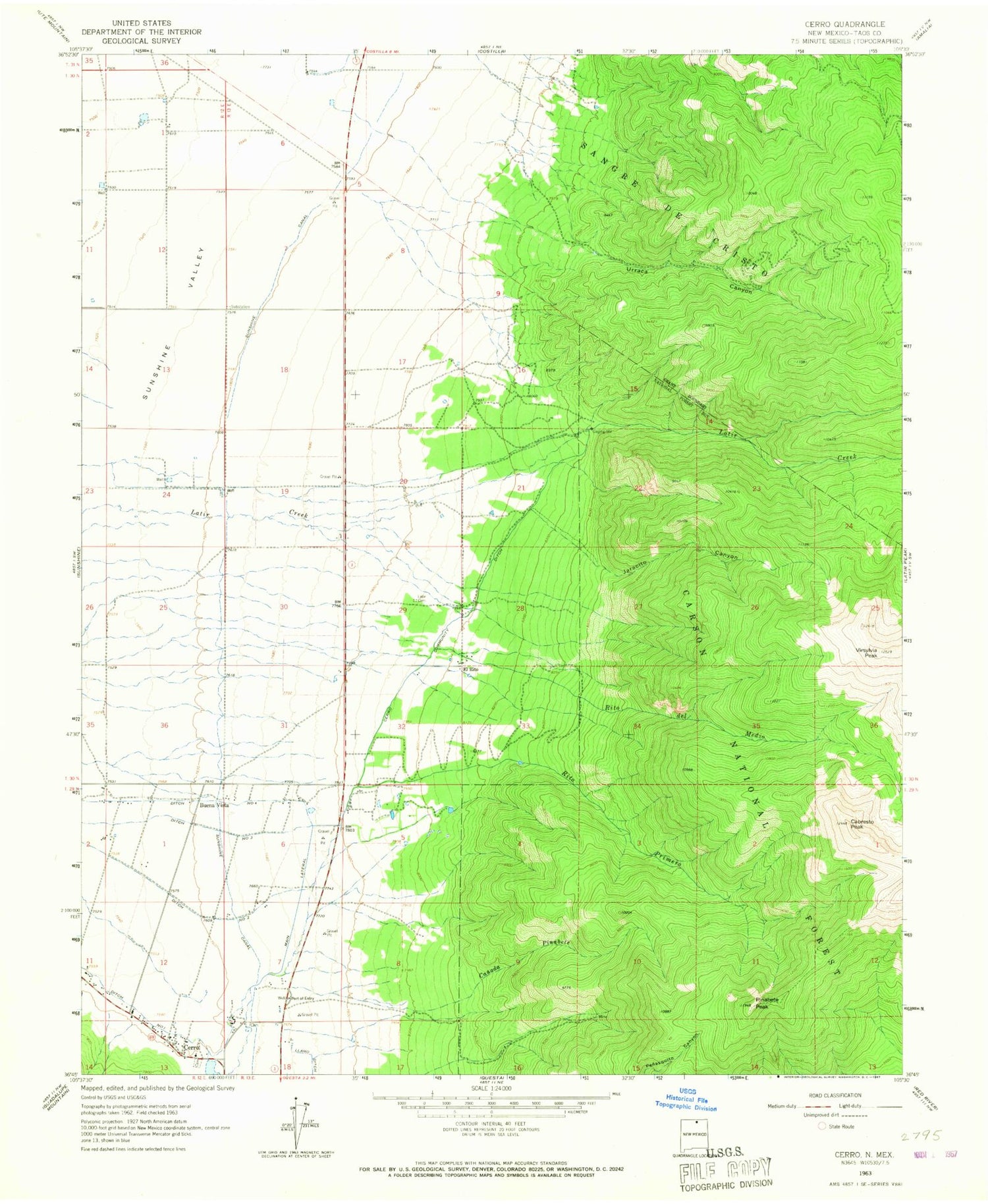 Classic USGS Cerro New Mexico 7.5'x7.5' Topo Map Image