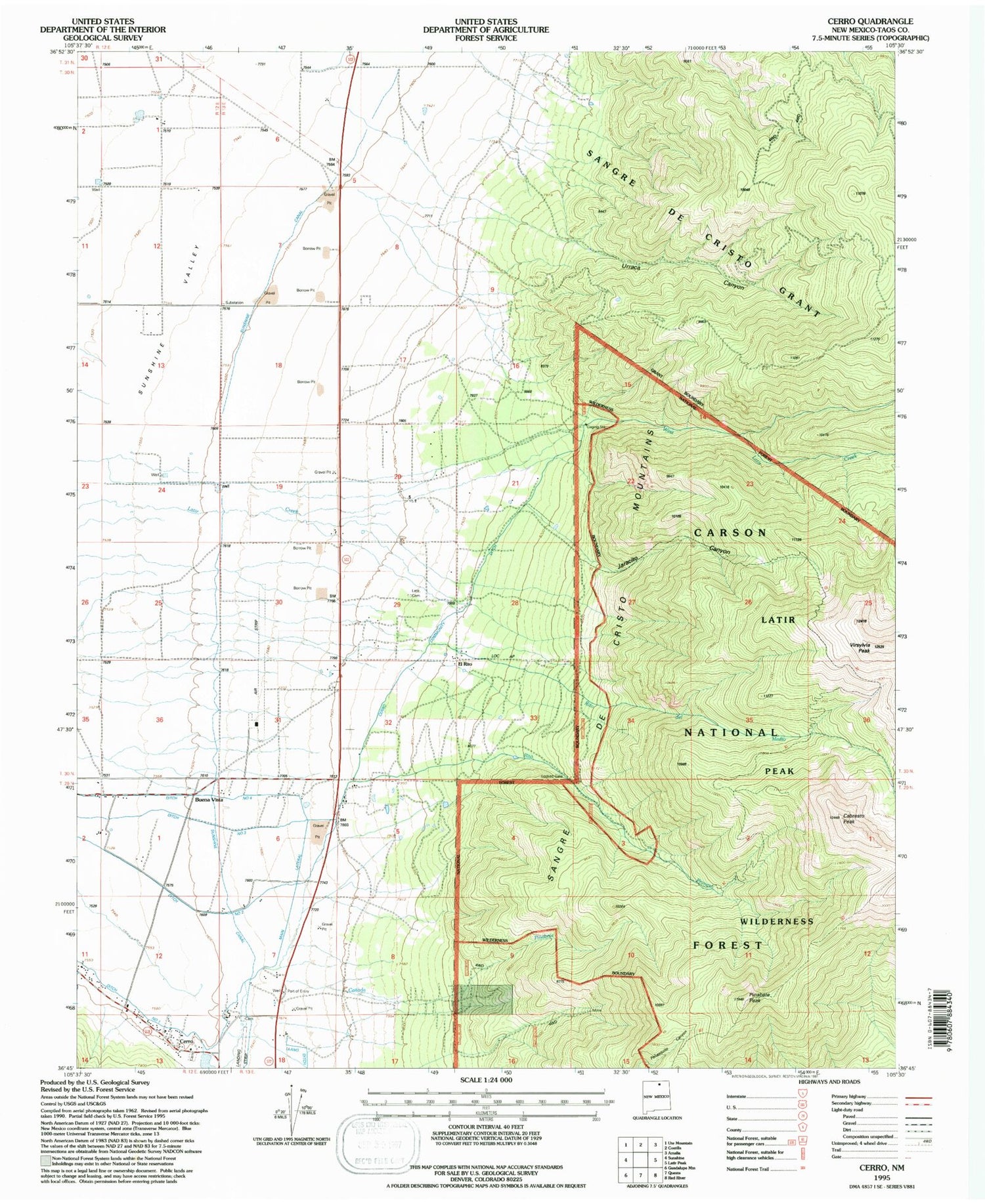 Classic USGS Cerro New Mexico 7.5'x7.5' Topo Map Image