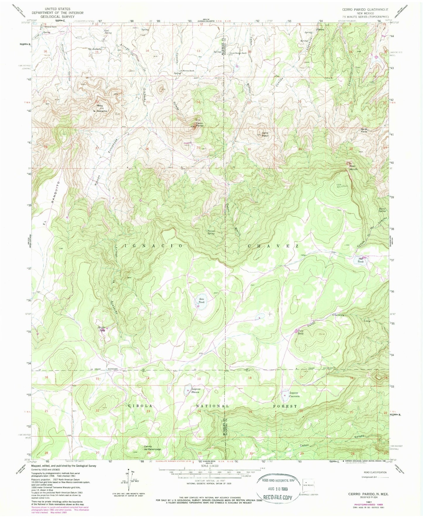 Classic USGS Cerro Parido New Mexico 7.5'x7.5' Topo Map Image