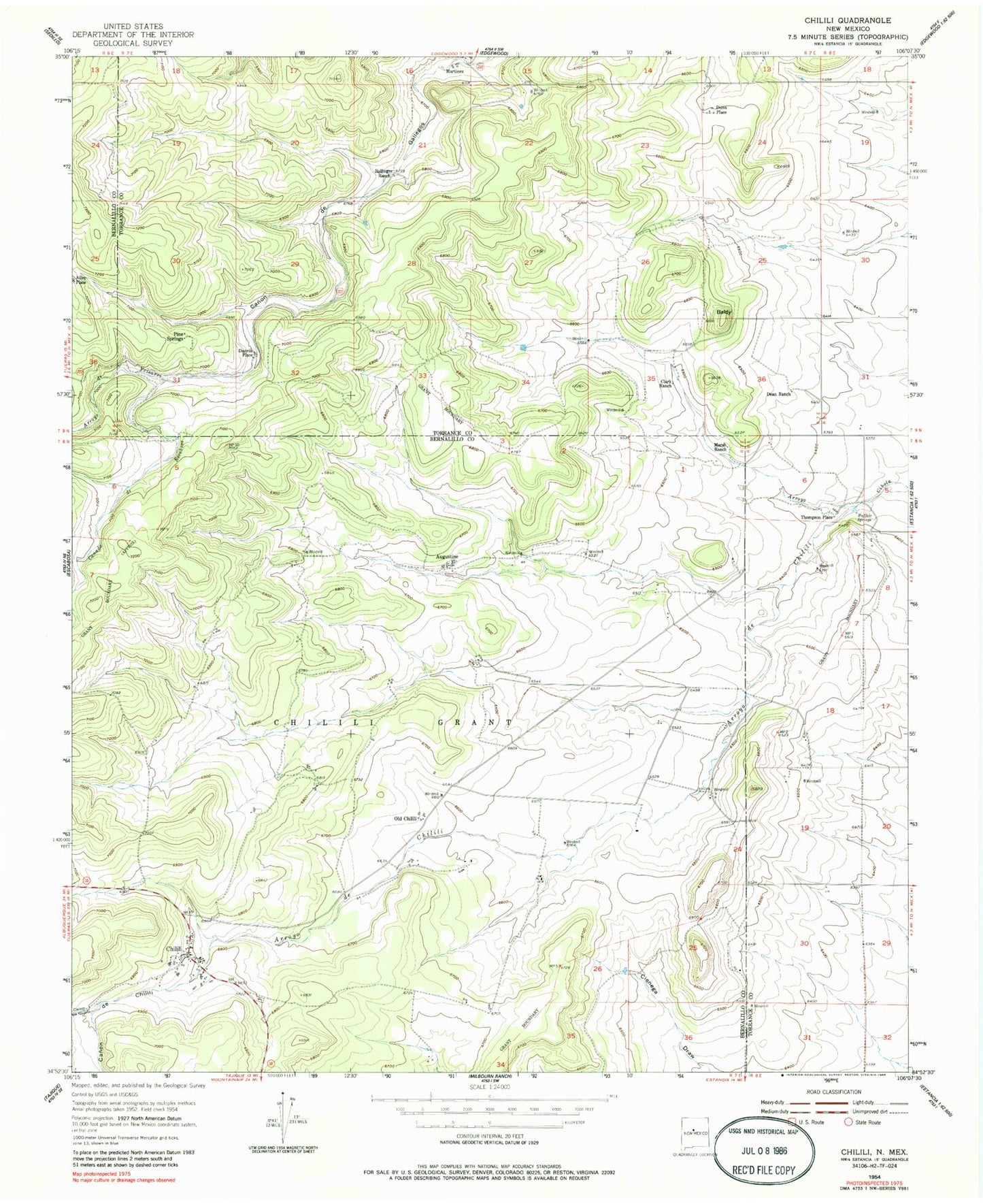 Classic USGS Chilili New Mexico 7.5'x7.5' Topo Map Image