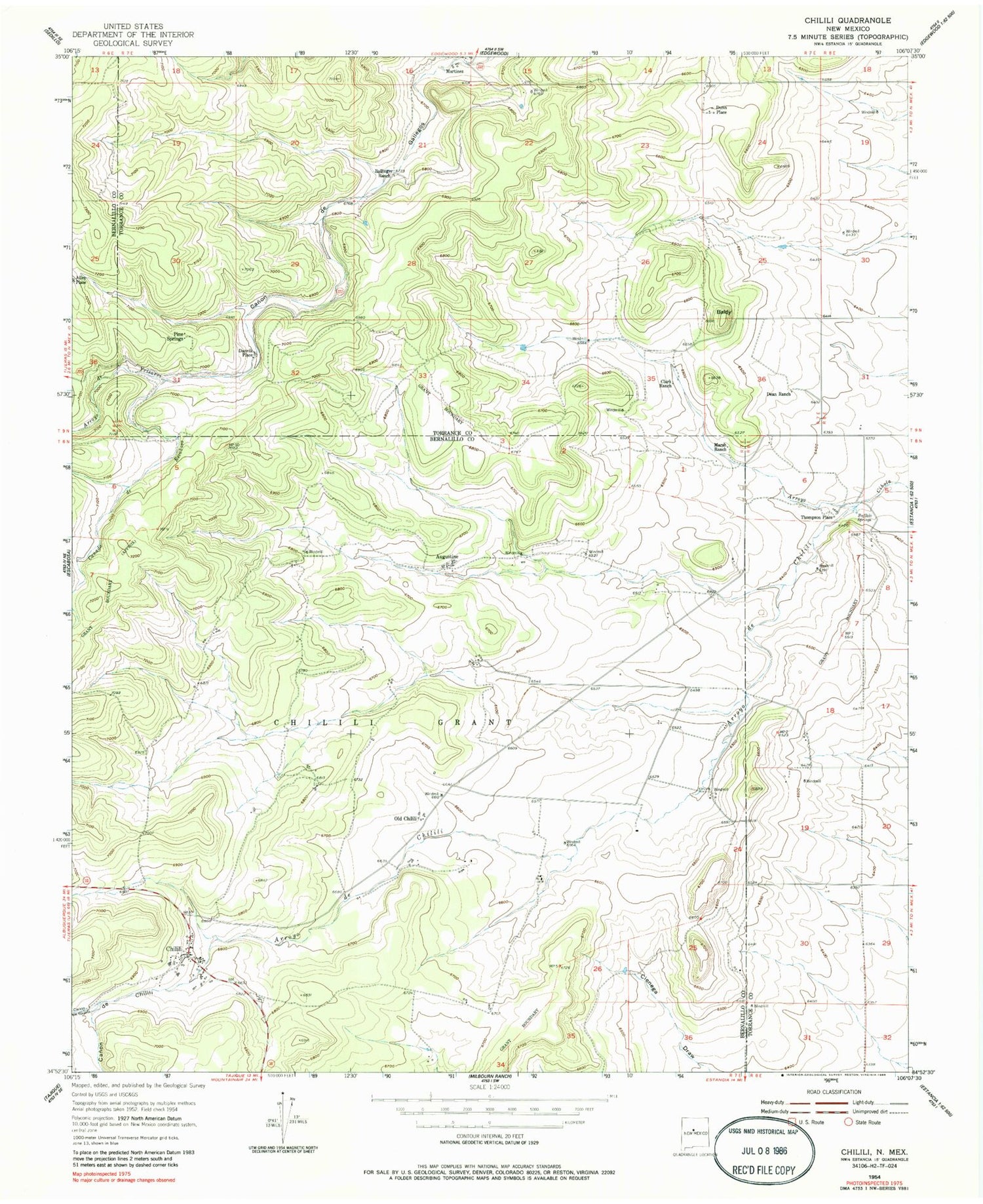 Classic USGS Chilili New Mexico 7.5'x7.5' Topo Map Image
