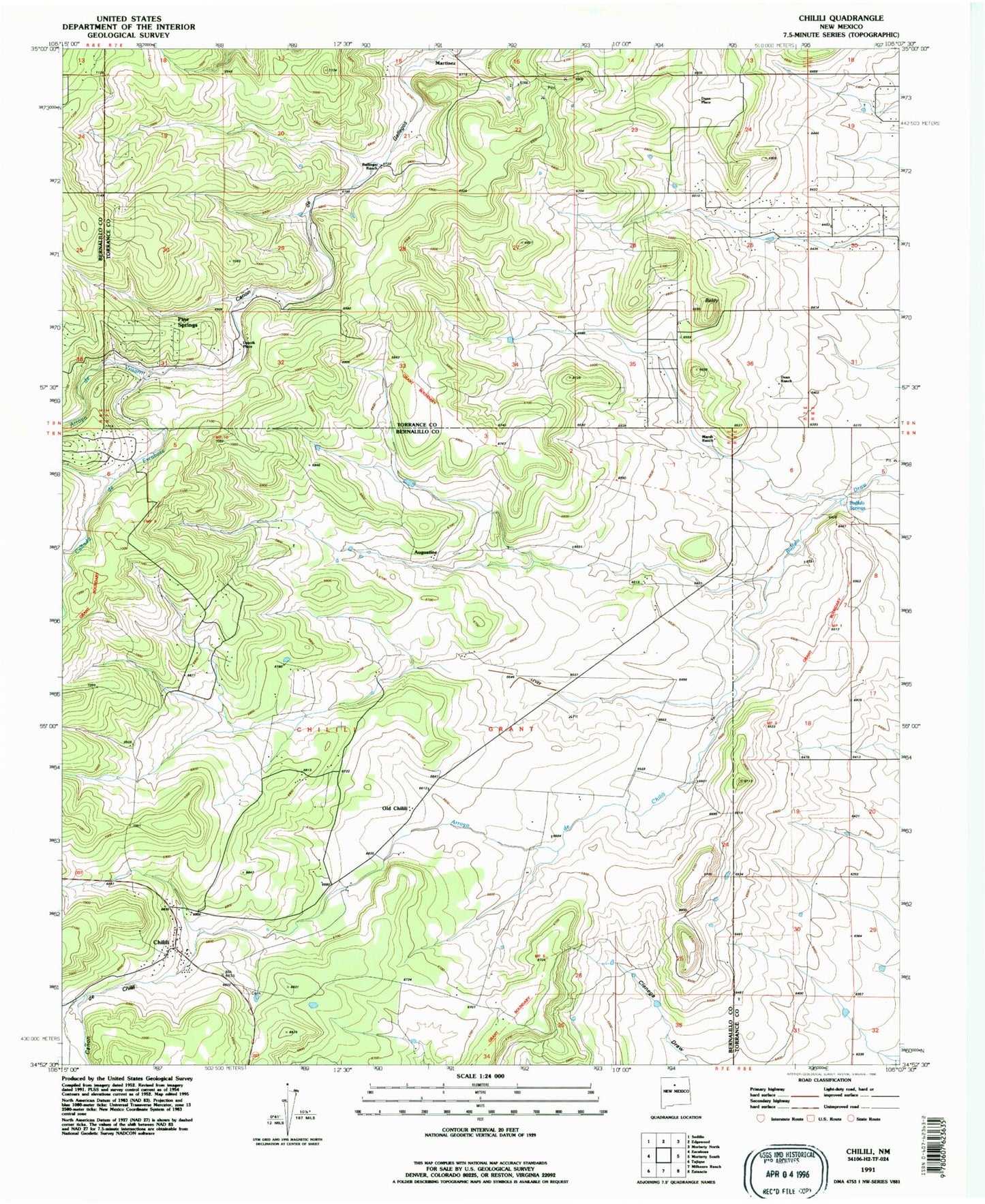 Classic USGS Chilili New Mexico 7.5'x7.5' Topo Map Image