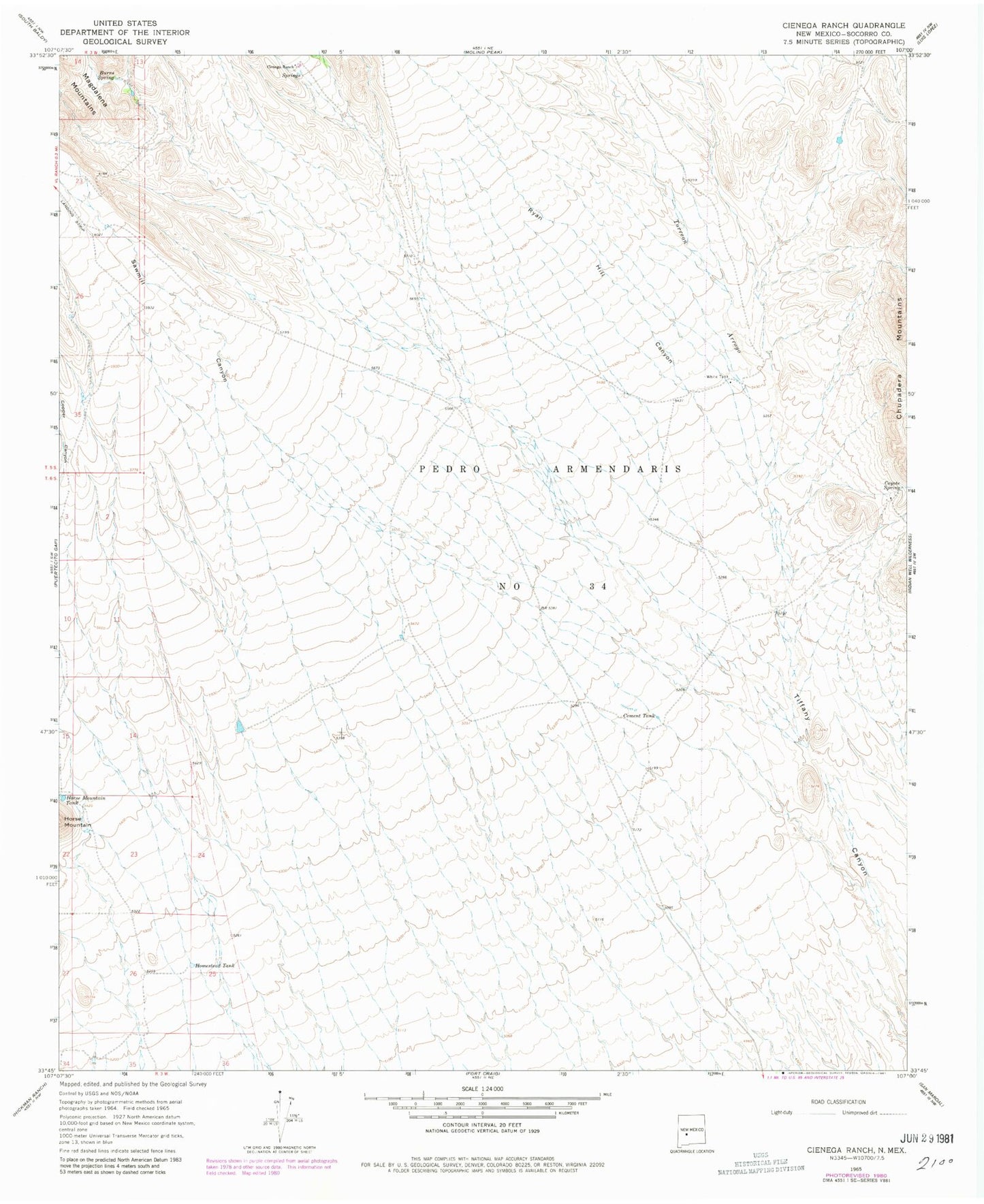 Classic USGS Cienega Ranch New Mexico 7.5'x7.5' Topo Map Image
