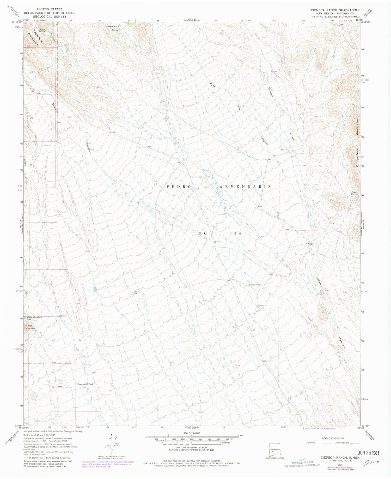 Classic USGS Cienega Ranch New Mexico 7.5'x7.5' Topo Map Image