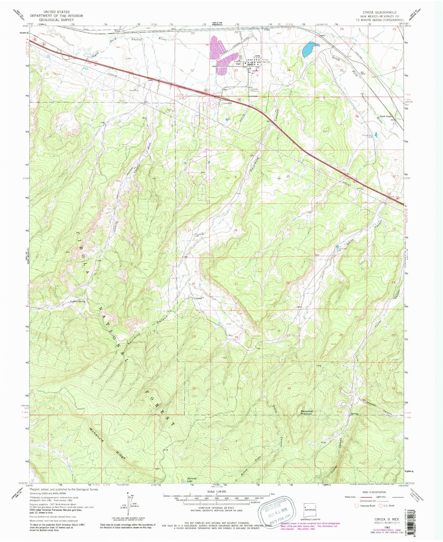 Classic USGS Ciniza New Mexico 7.5'x7.5' Topo Map Image