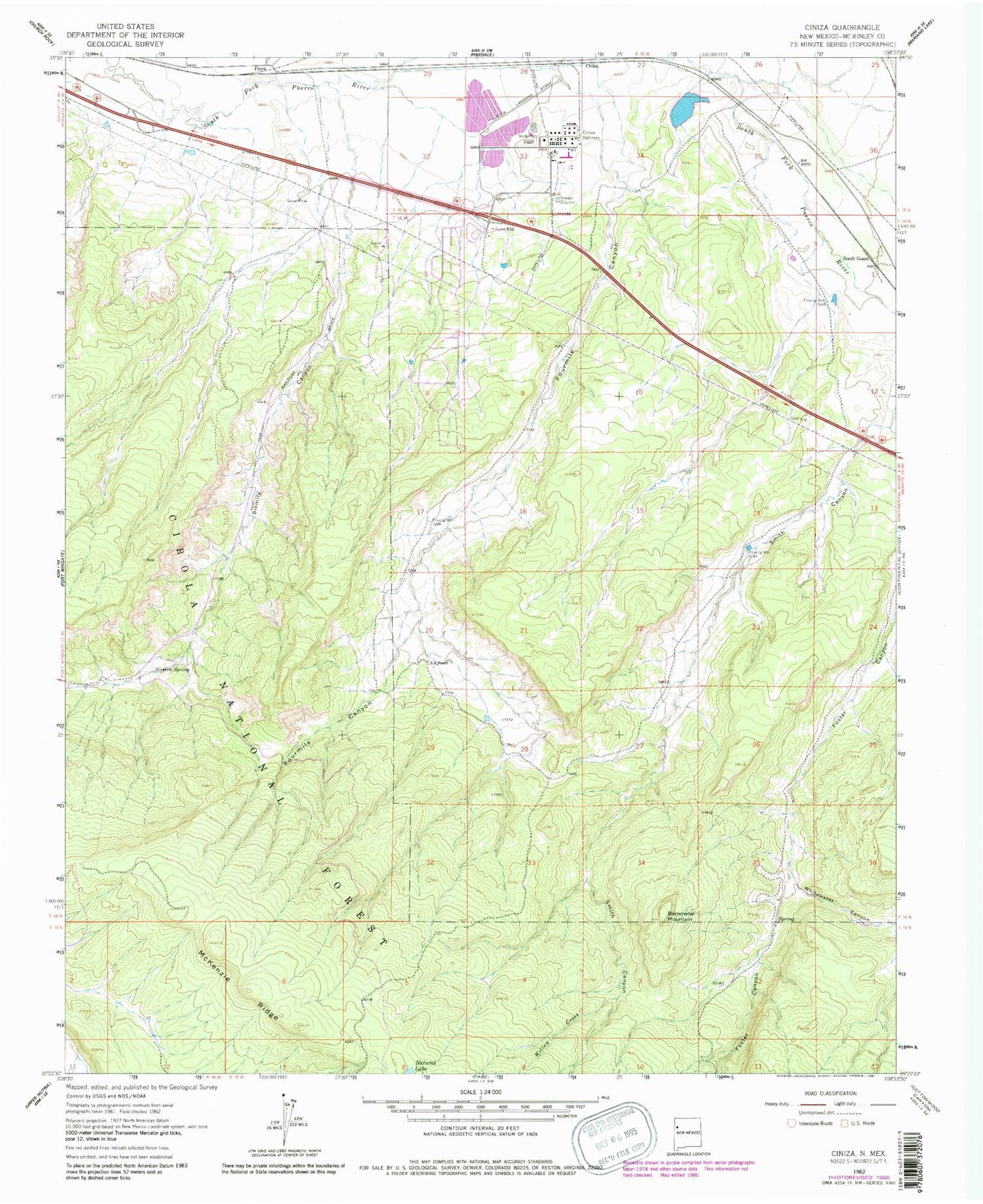 Classic USGS Ciniza New Mexico 7.5'x7.5' Topo Map Image
