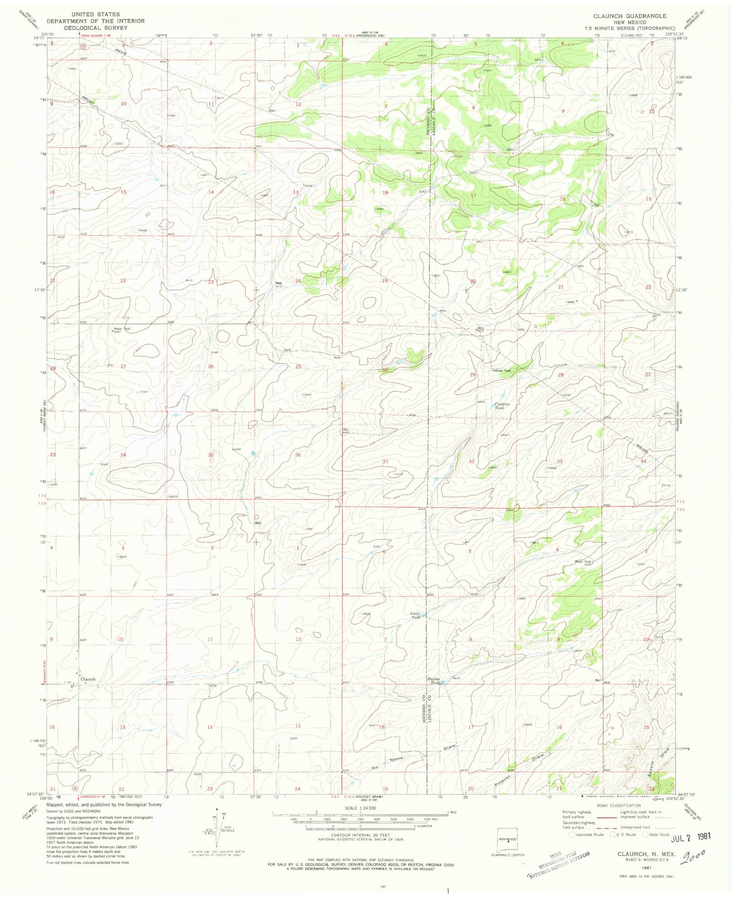 Classic USGS Claunch New Mexico 7.5'x7.5' Topo Map Image