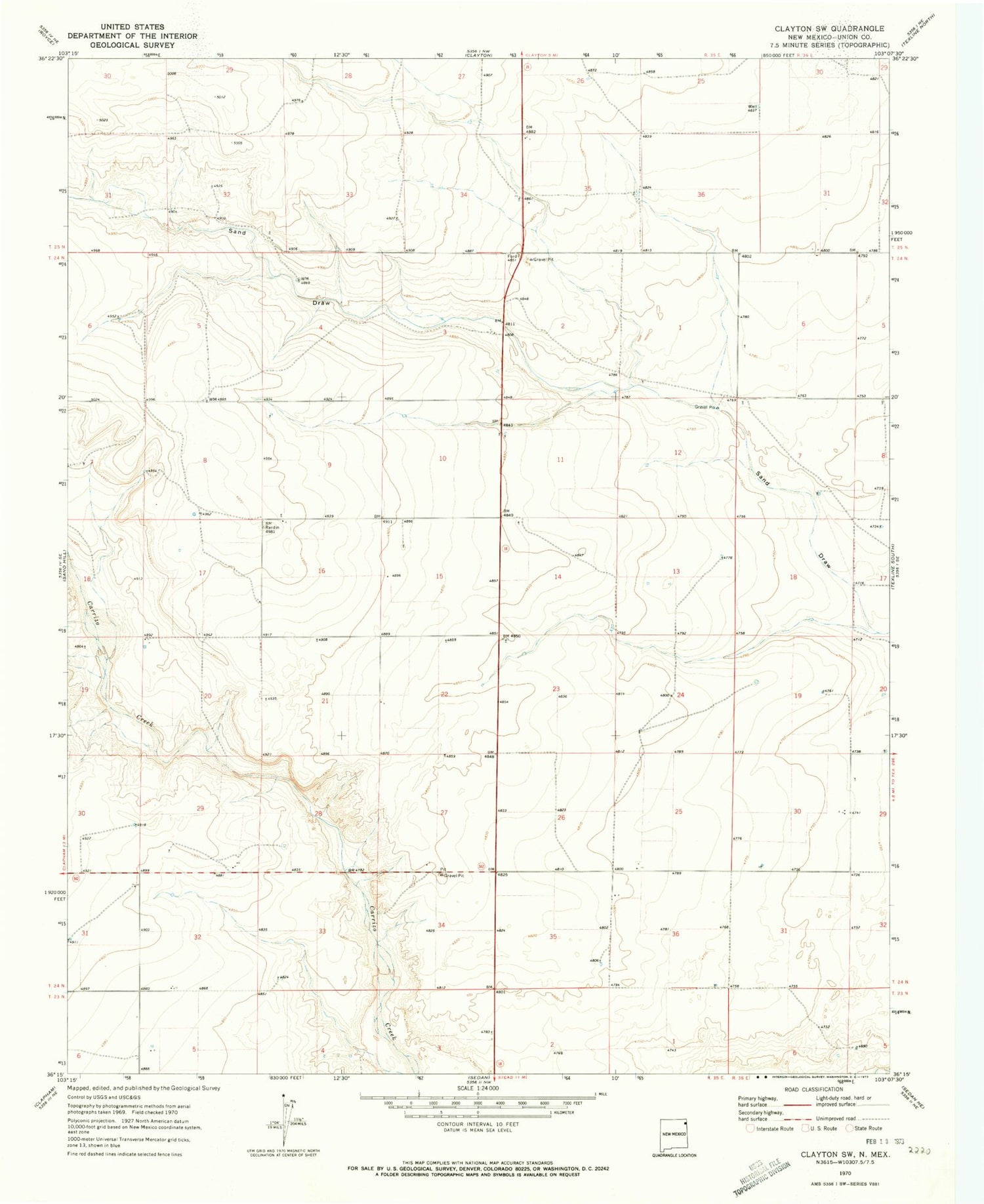 Classic USGS Clayton SW New Mexico 7.5'x7.5' Topo Map Image