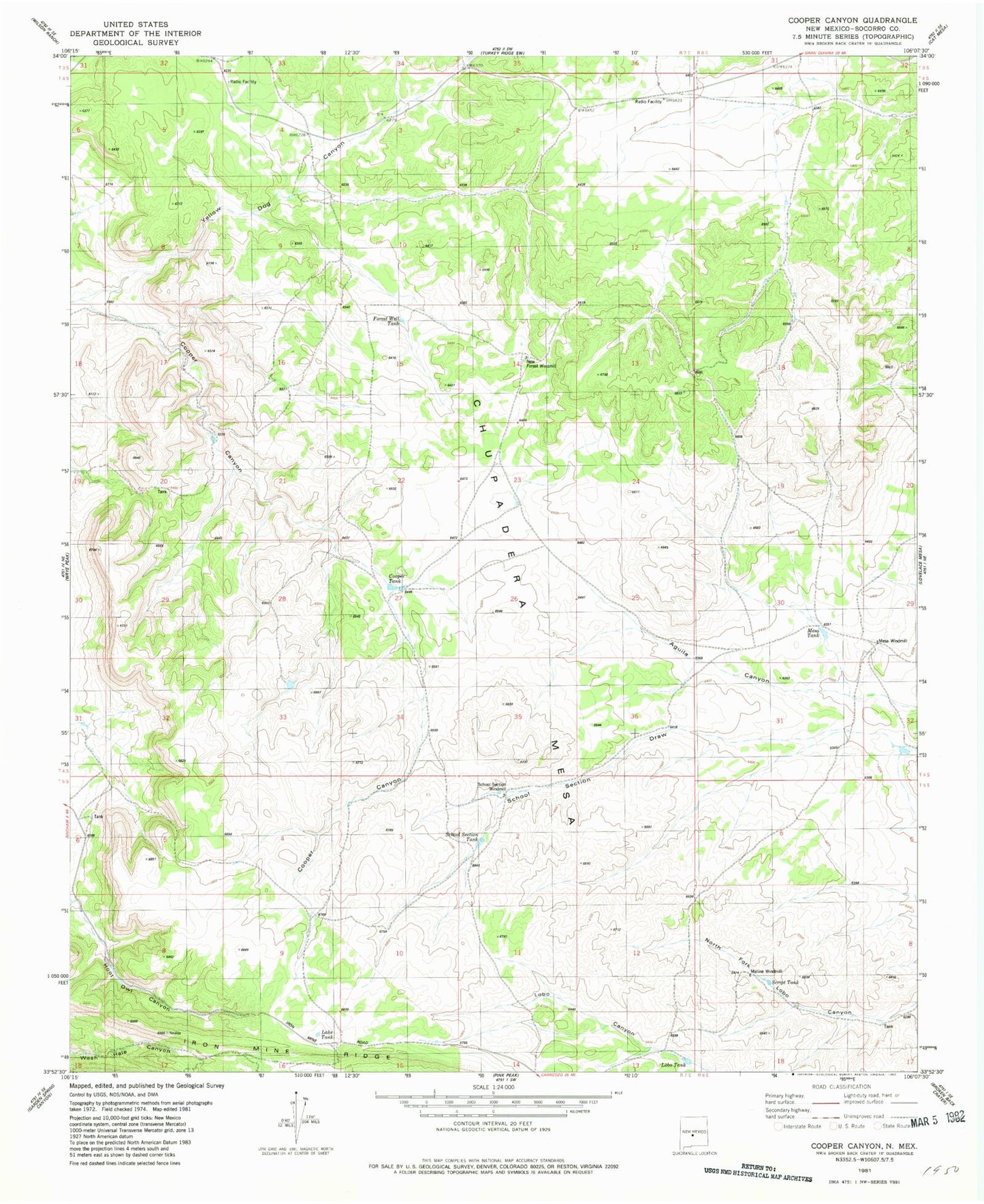 Classic USGS Cooper Canyon New Mexico 7.5'x7.5' Topo Map Image
