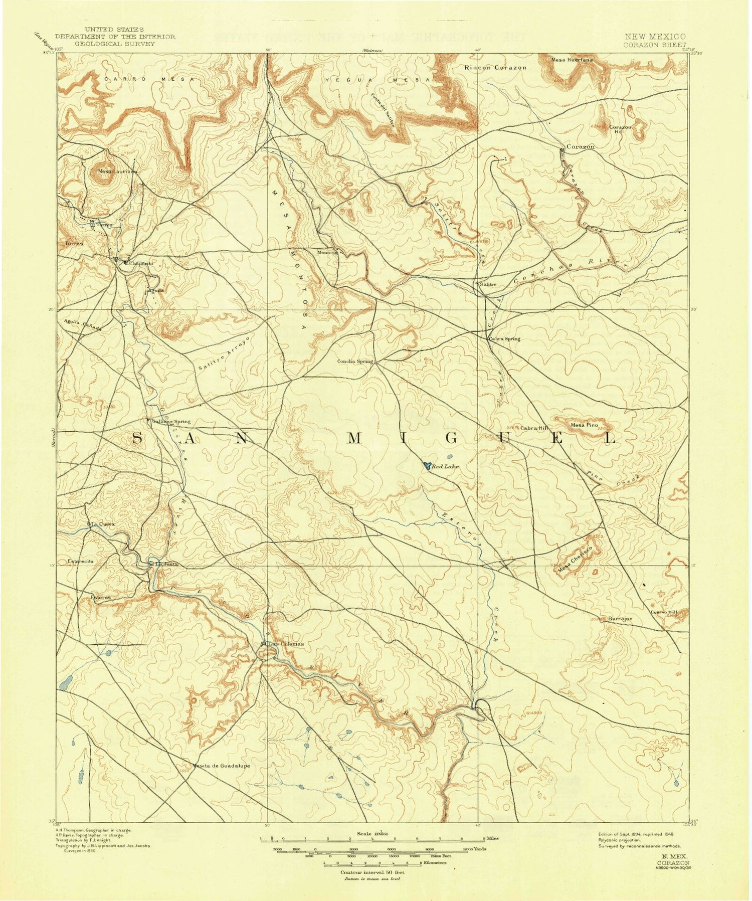 Historic 1894 Corazon New Mexico 30'x30' Topo Map Image