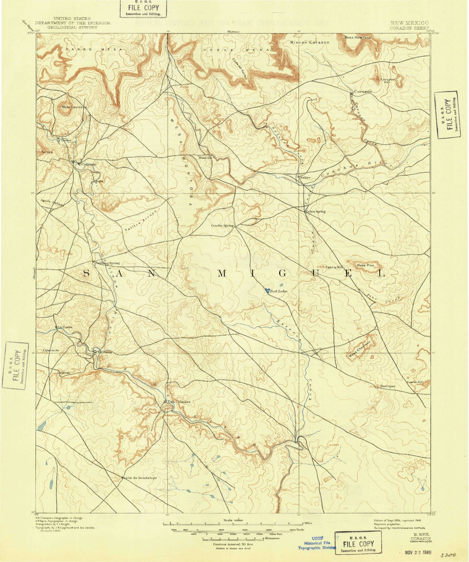 Historic 1892 Corazon New Mexico 30'x30' Topo Map Image