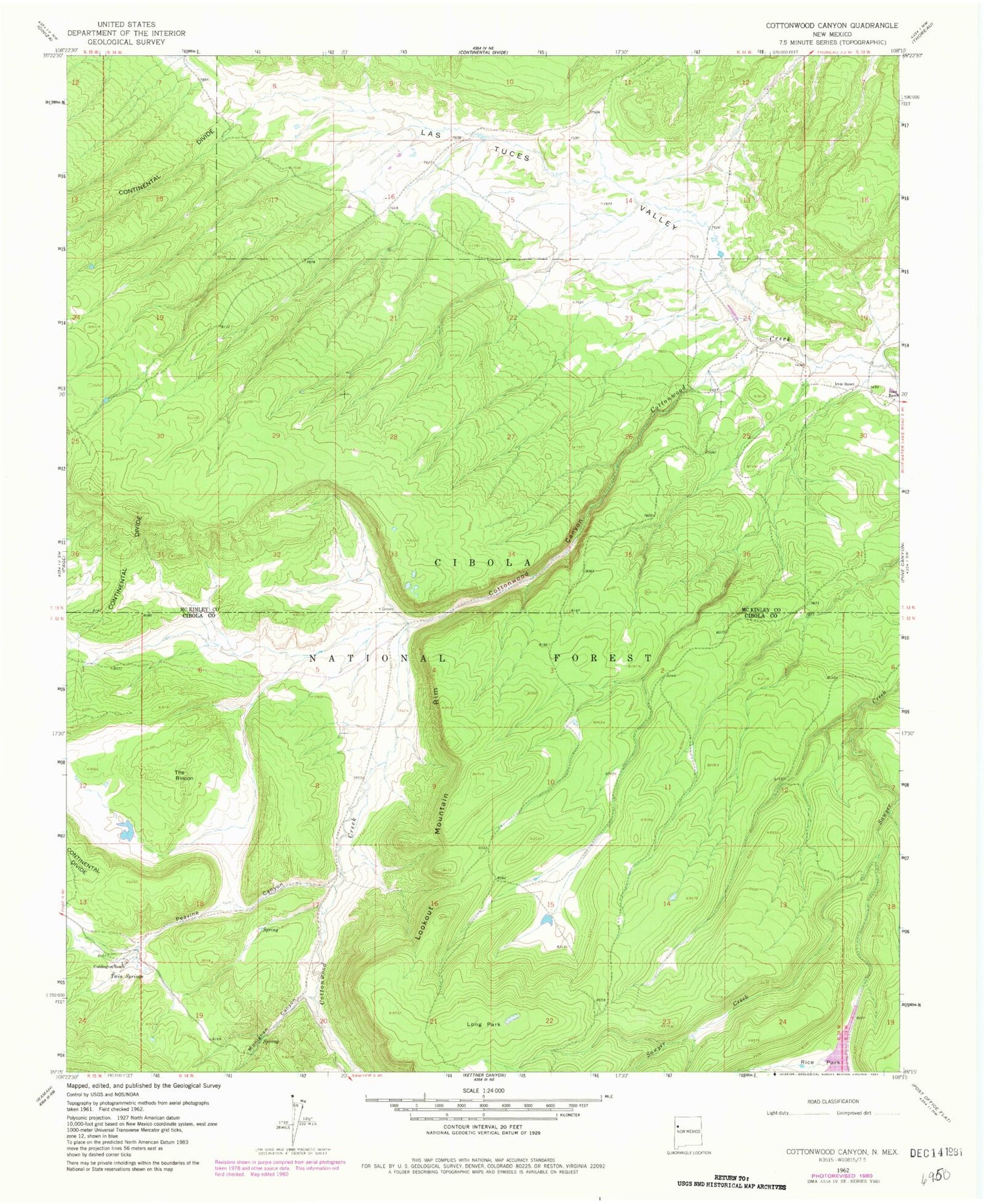 Classic USGS Cottonwood Canyon New Mexico 7.5'x7.5' Topo Map Image