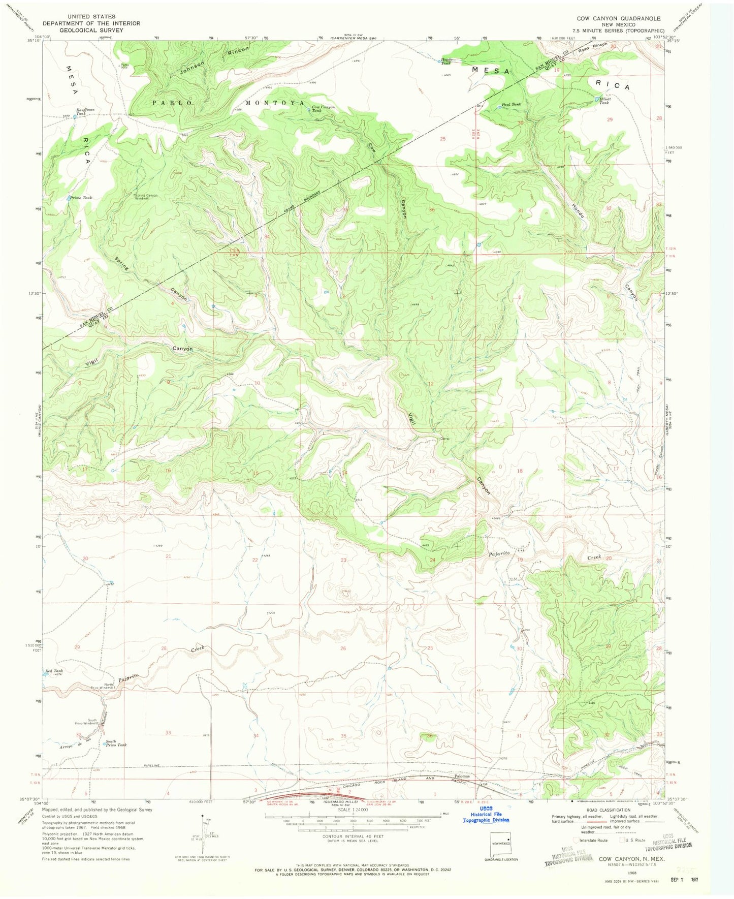 Classic USGS Cow Canyon New Mexico 7.5'x7.5' Topo Map Image