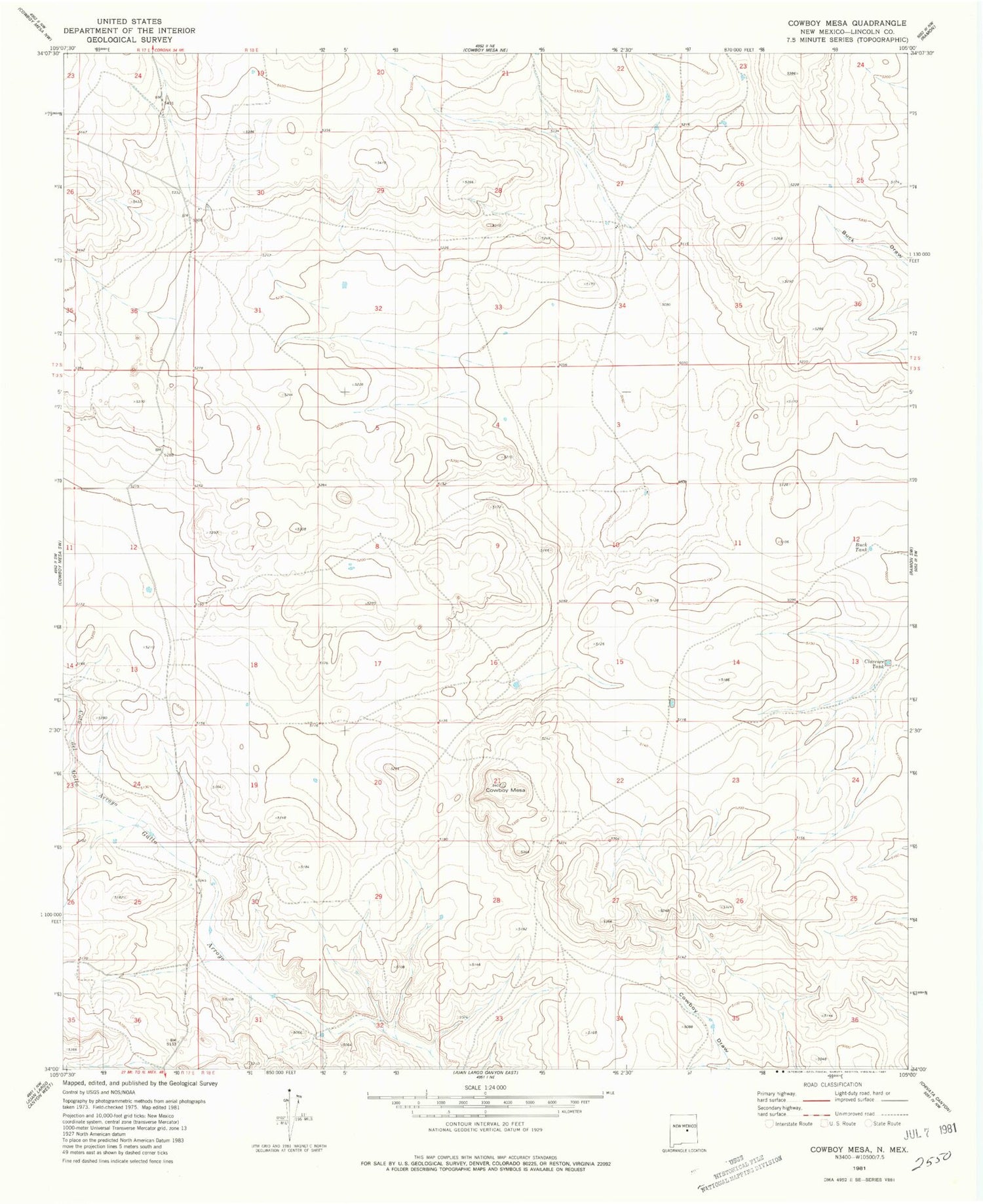 Classic USGS Cowboy Mesa New Mexico 7.5'x7.5' Topo Map Image