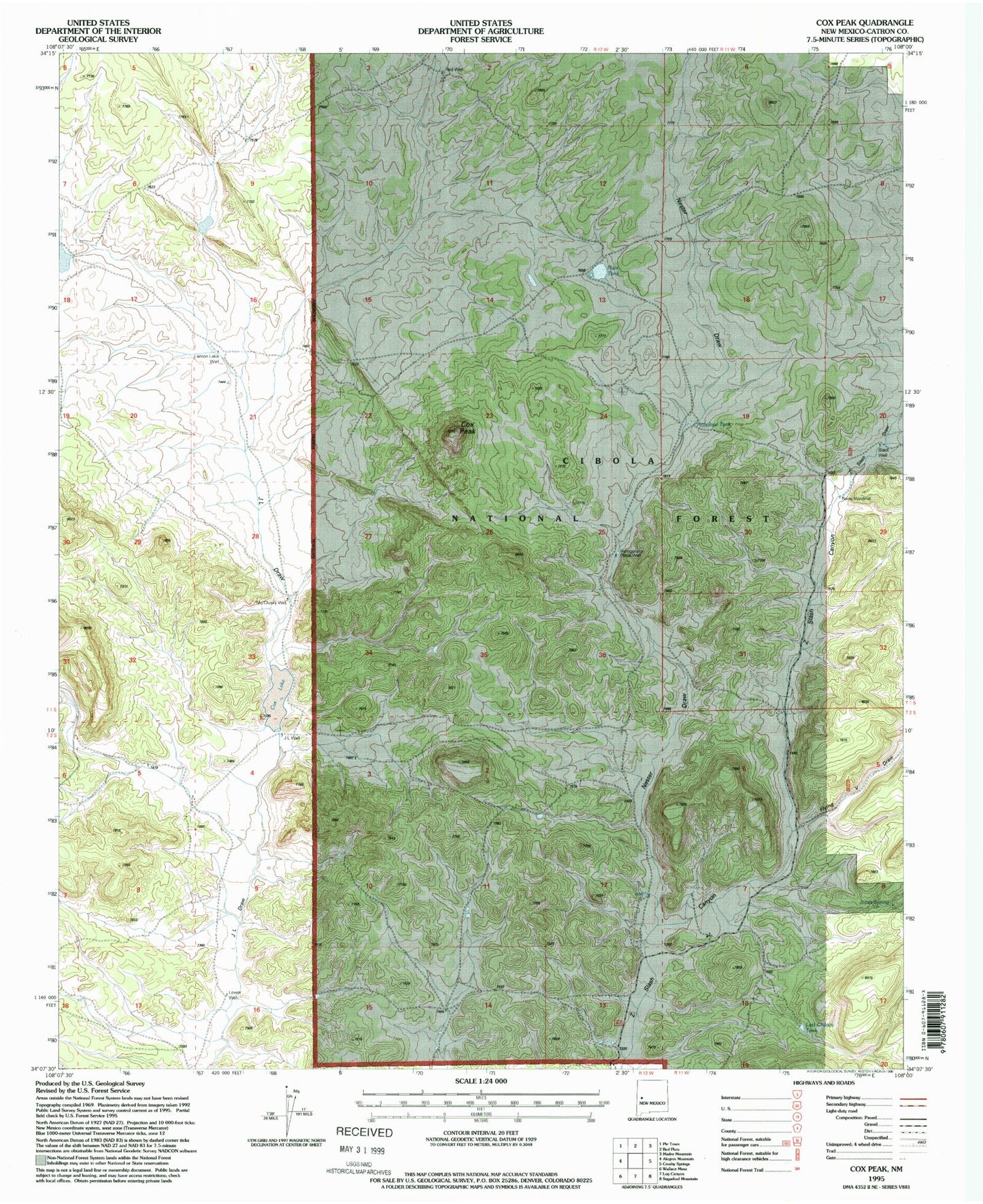 Classic USGS Cox Peak New Mexico 7.5'x7.5' Topo Map Image