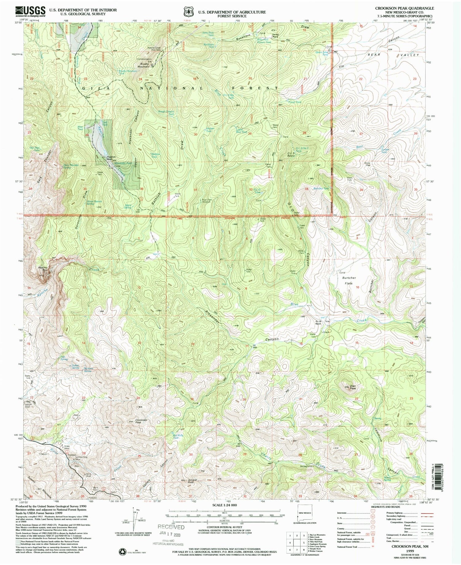 Classic USGS Crookson Peak New Mexico 7.5'x7.5' Topo Map Image