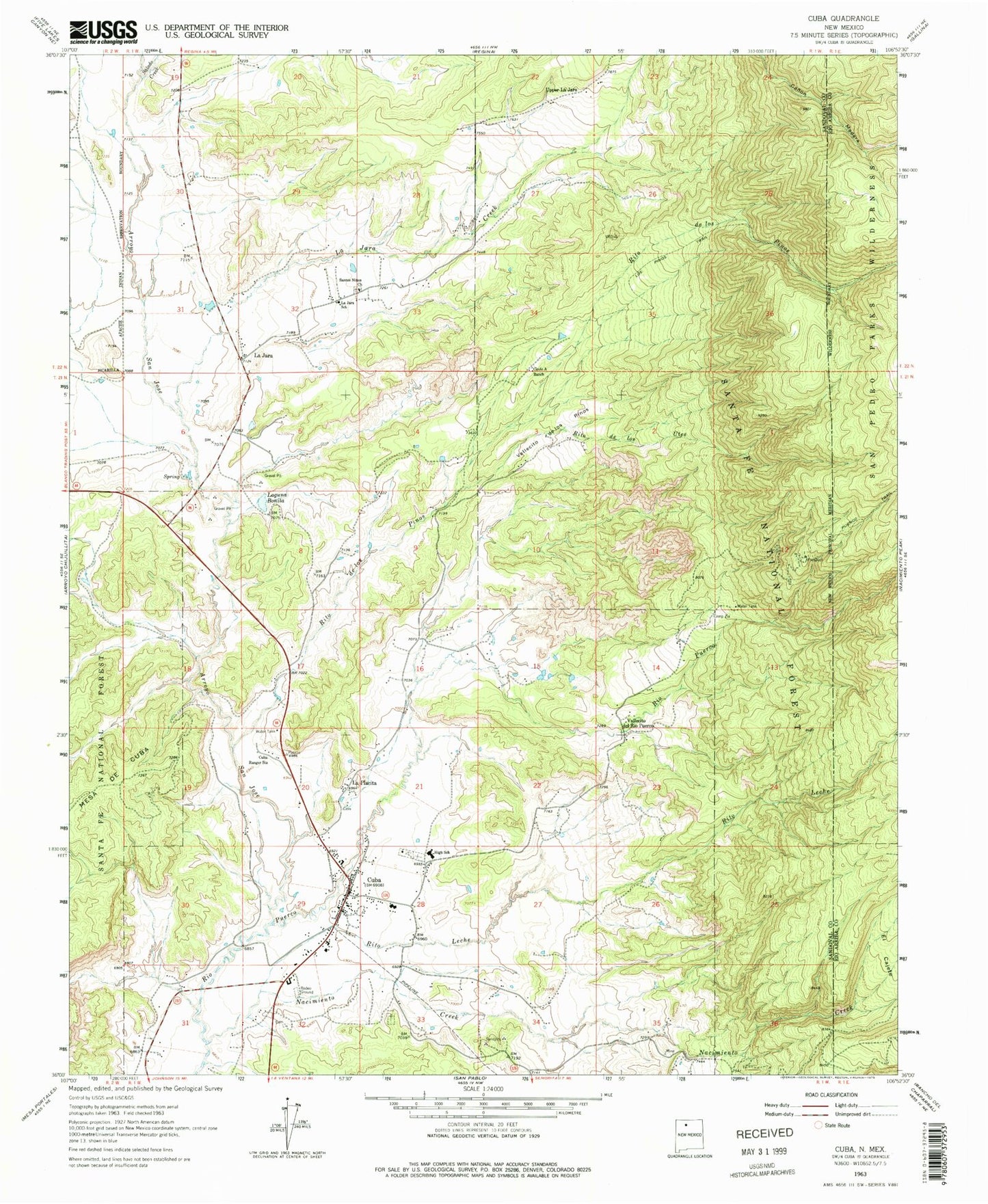 Classic USGS Cuba New Mexico 7.5'x7.5' Topo Map Image